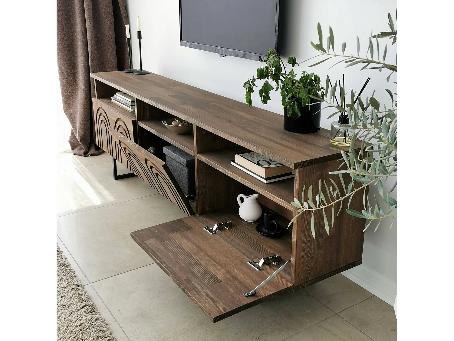 Dflabore tv-meubel, CrWoonkamergebouw, Lage kledingkast voor tv, Uitgeruste wandvoet, 170x30h40 cm, Walnoot