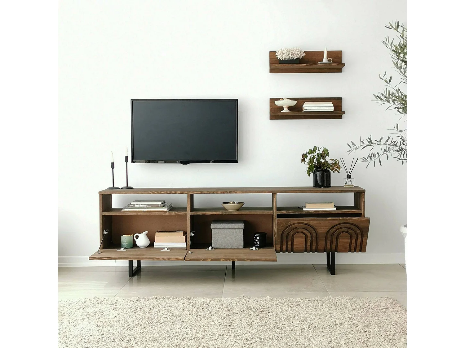 Meuble TV Arctura, Buffet de salon, Armoire basse pour TV, Base murale de rangement, 170x30h40 cm, Noyer