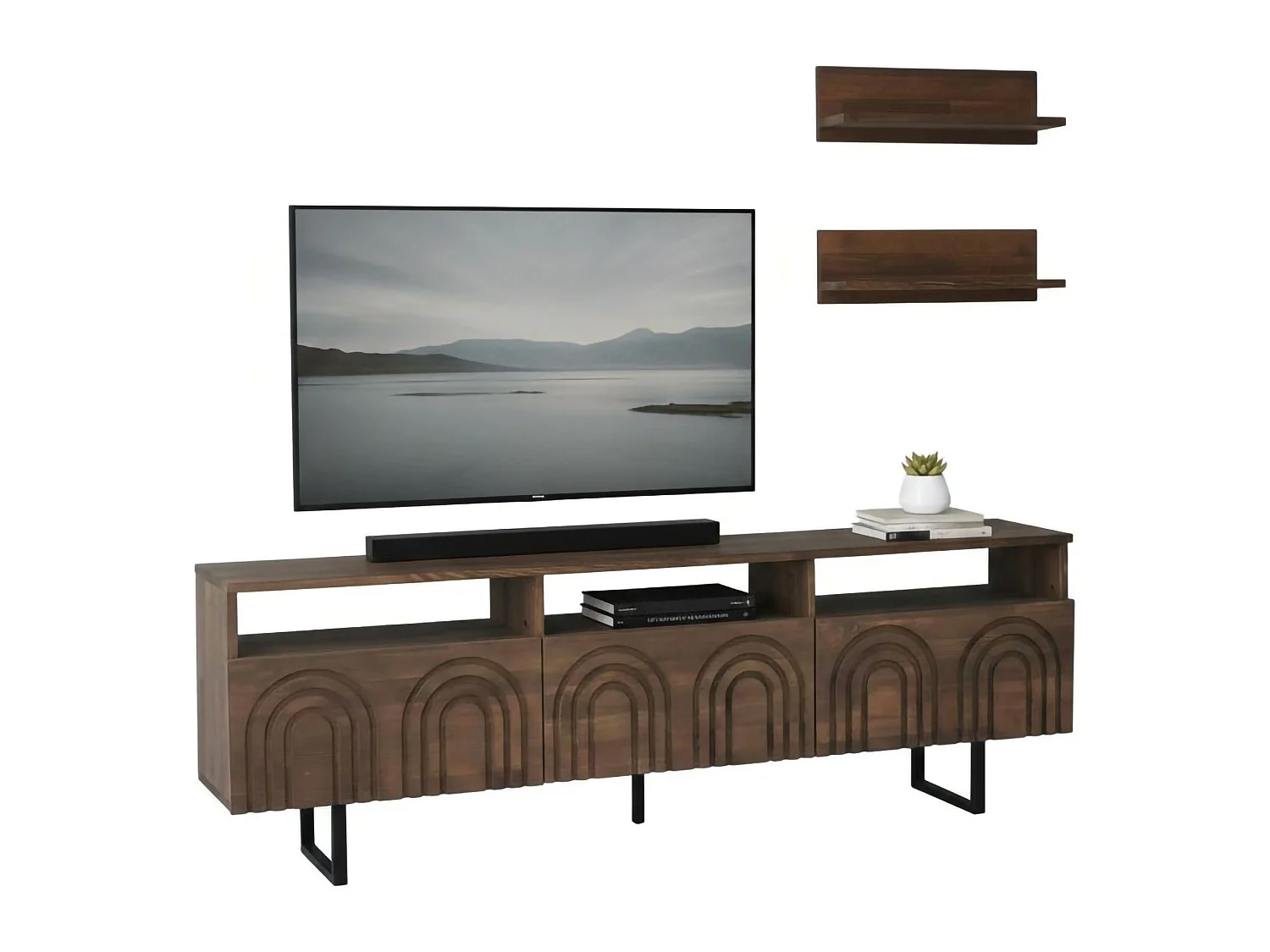 Meuble TV Arctura, Buffet de salon, Armoire basse pour TV, Base murale de rangement, 170x30h40 cm, Noyer