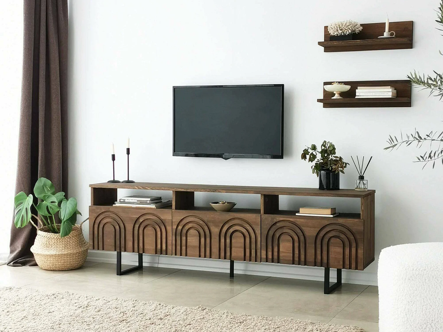 Meuble TV Arctura, Buffet de salon, Armoire basse pour TV, Base murale de rangement, 170x30h40 cm, Noyer