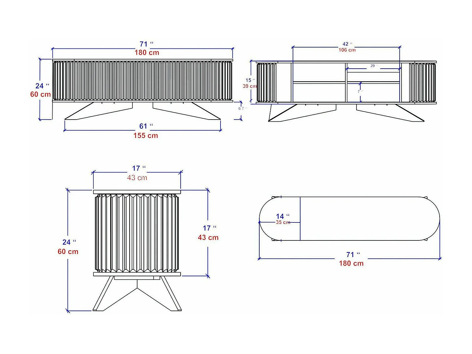 Desteve tv-houderkast, woonkamer dressoir, lage tv-kast, gemonteerde wandvoetZata, 180x43h60 cm, Antraciet en Wit