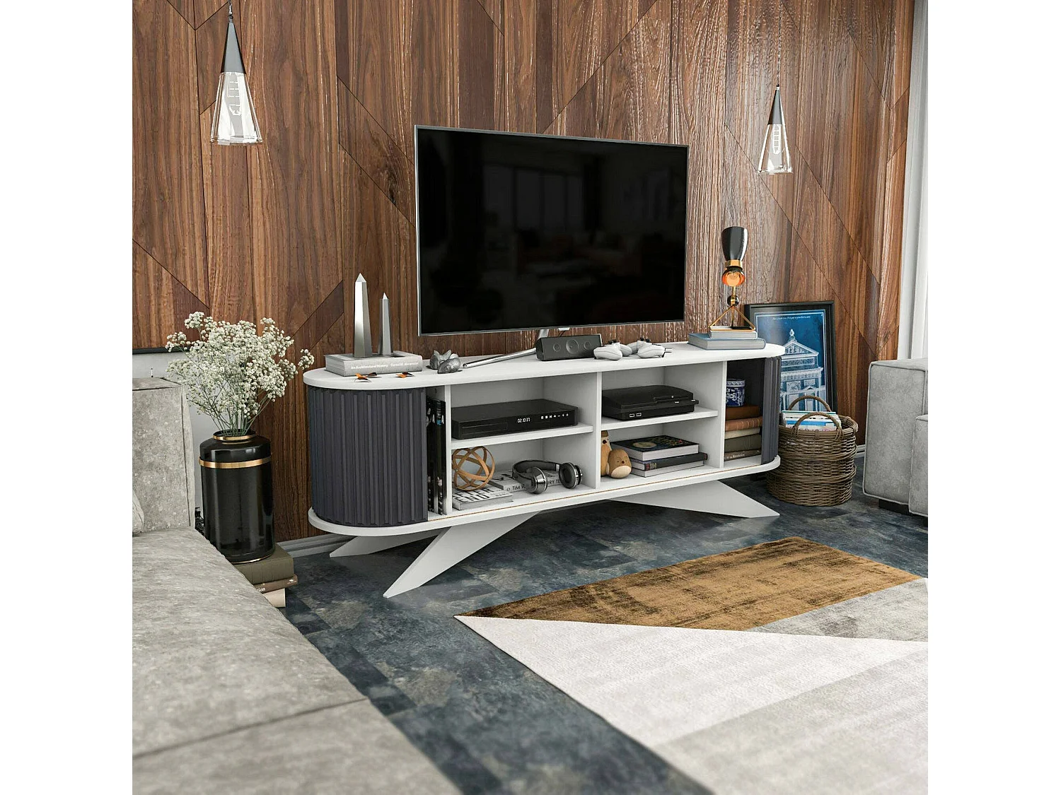 Meuble TV Aludra, Buffet de salon, Armoire basse pour TV, Base murale de rangement, 180x43h60 cm, Anthracite et Blanc