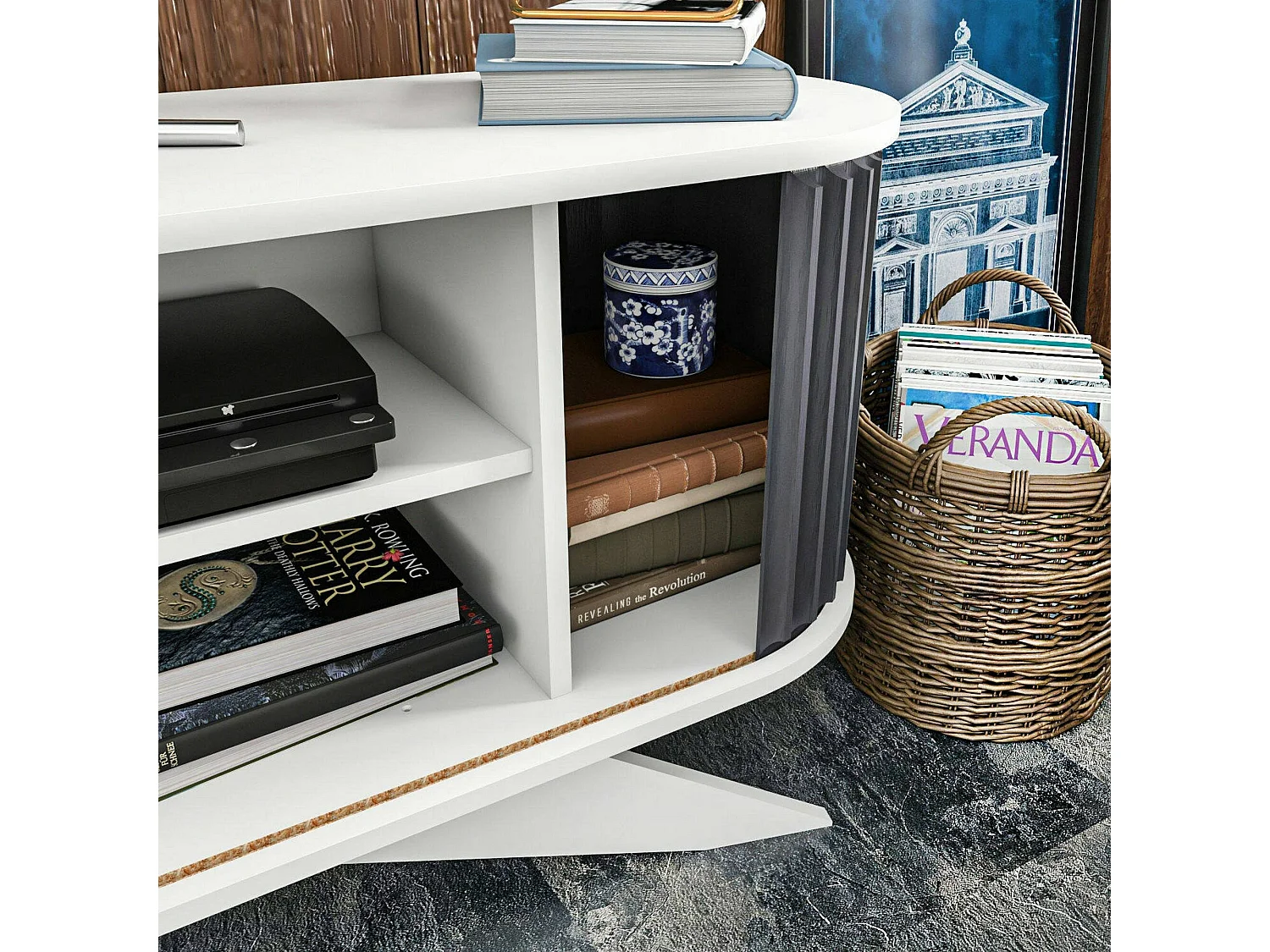 Mueble de televisión Desteve, Aparador de salón, Mueble bajo para TV, Base de pared equipada, 180x43h60 cm, Antracita y Blanco