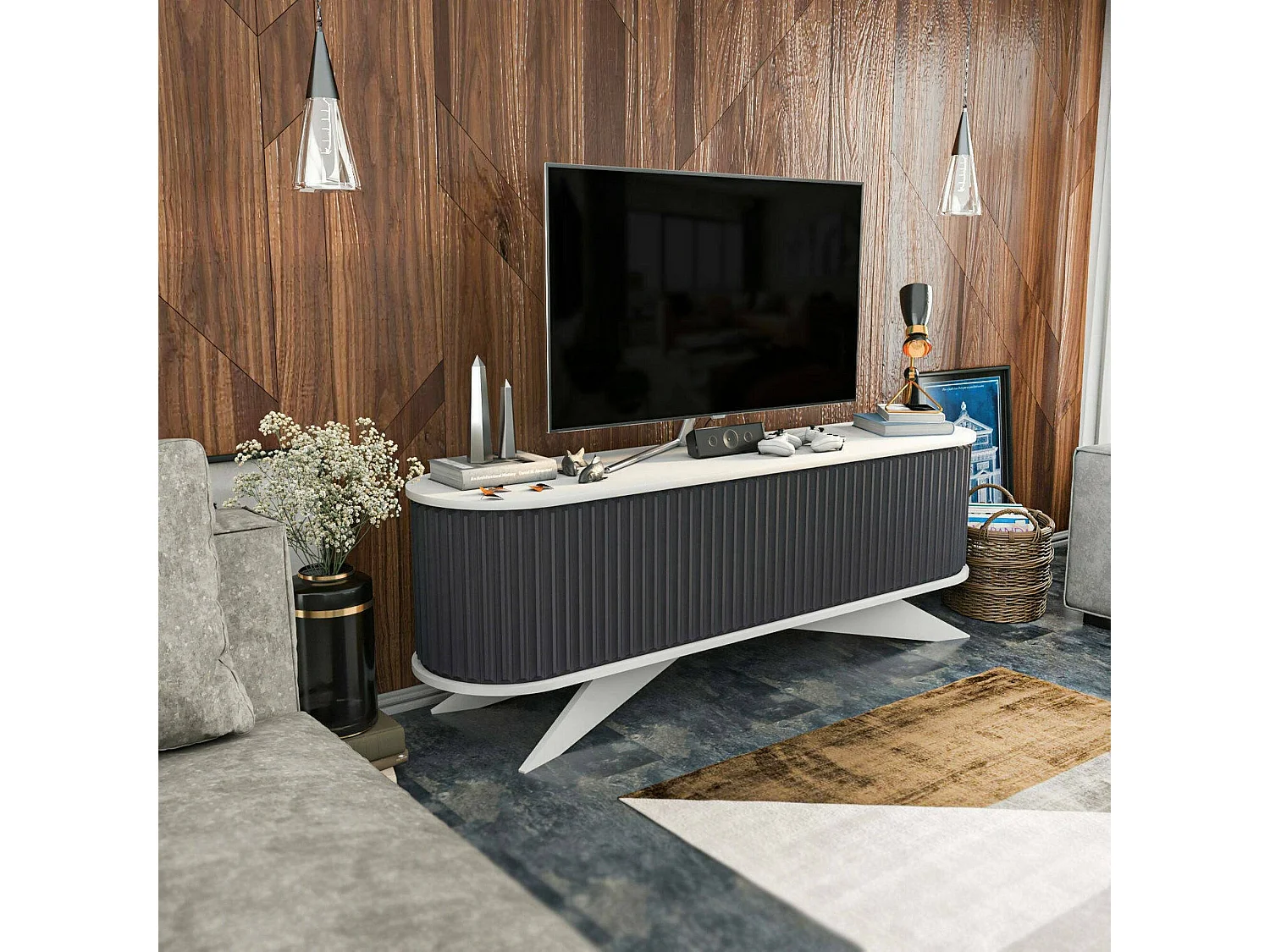 Desteve tv-houderkast, woonkamer dressoir, lage tv-kast, gemonteerde wandvoetZata, 180x43h60 cm, Antraciet en Wit