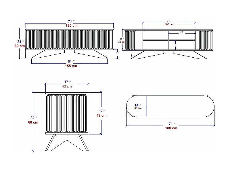 Armário de suporte de TV Desteve, Aparador de sala de estar, Armário de TV baixo, Base de suporte de paredeZata, 180x43h60 cm, Antracite e Branco
