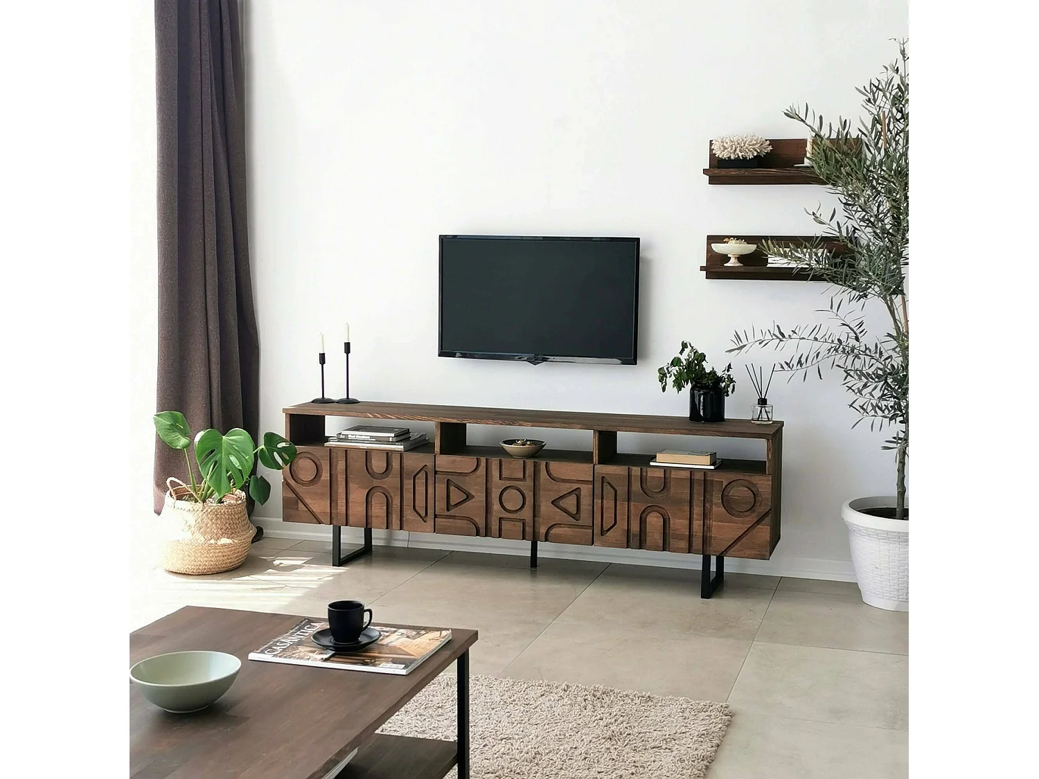 Meuble TV Novastra, Buffet de salon, Armoire basse pour TV, Base murale de rangement, 170x30h40 cm, Noyer