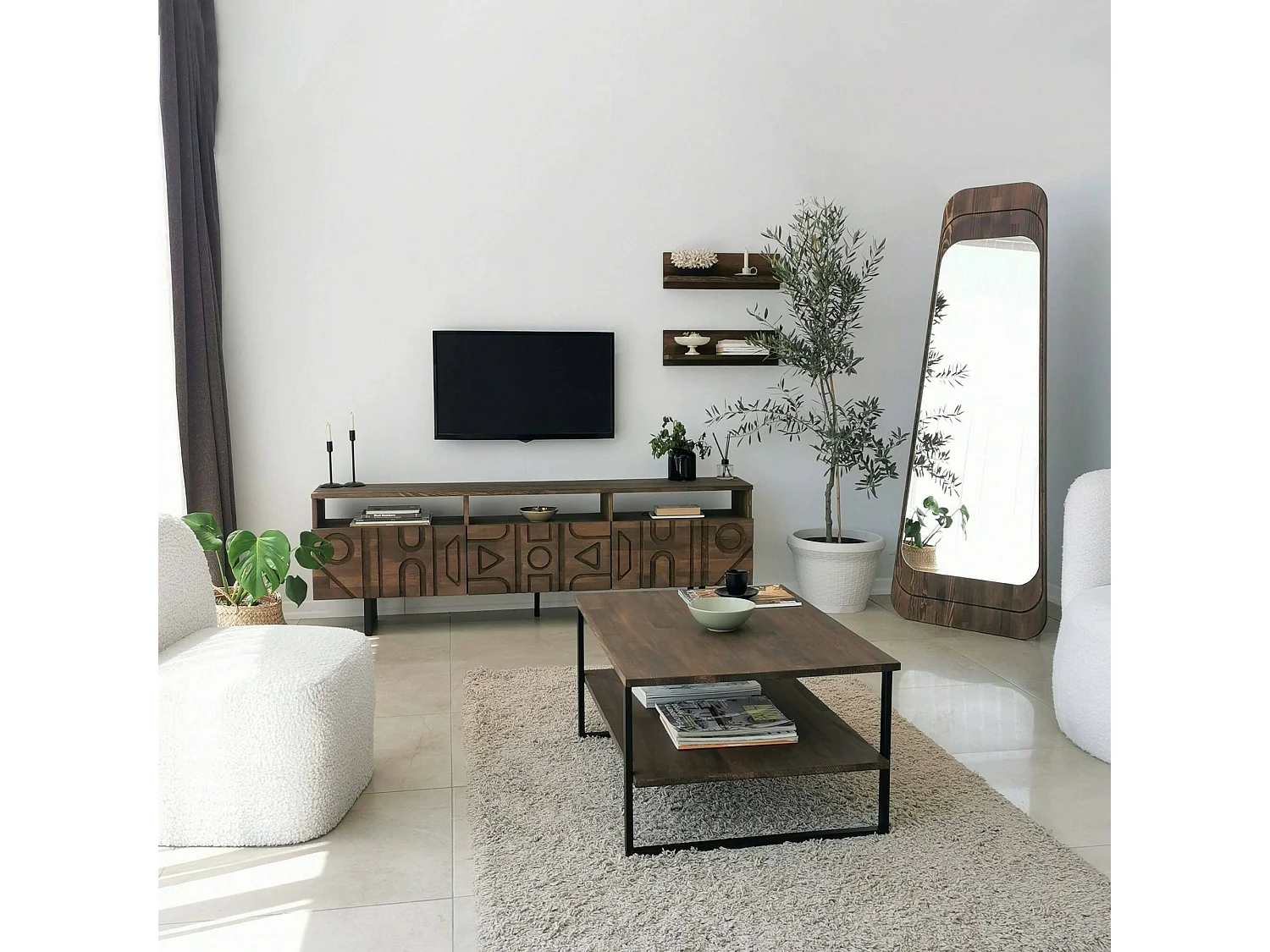 Dpatrici tv-meubel, bijzit, lage tv-meubel, wandstandaard, 170x30h40 cm, walnoot