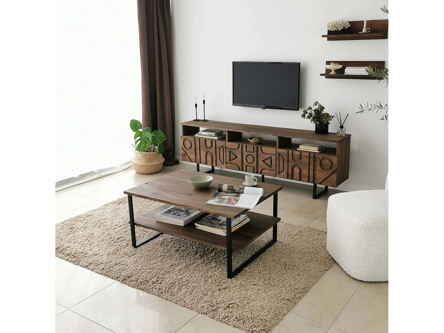 Dpatrici tv-meubel, bijzit, lage tv-meubel, wandstandaard, 170x30h40 cm, walnoot