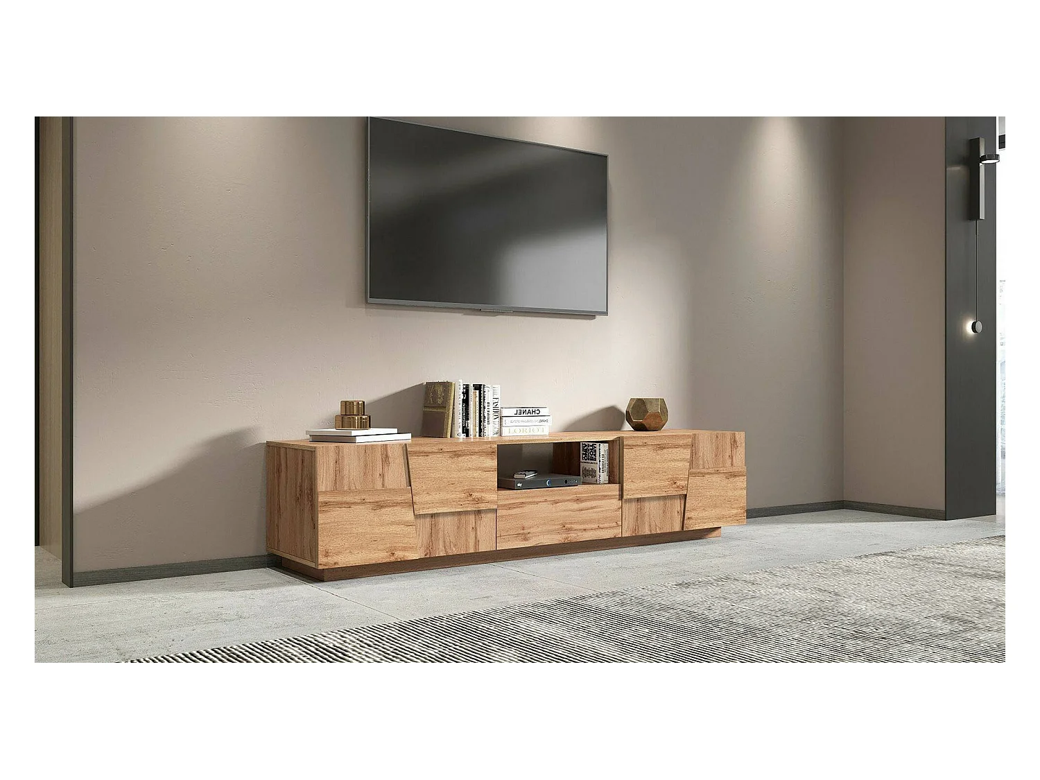 Meuble TV Vanni, Buffet bas de salon avec 4 portes et 1 tiroir, base meuble TV, 220x44h46 cm, Chêne