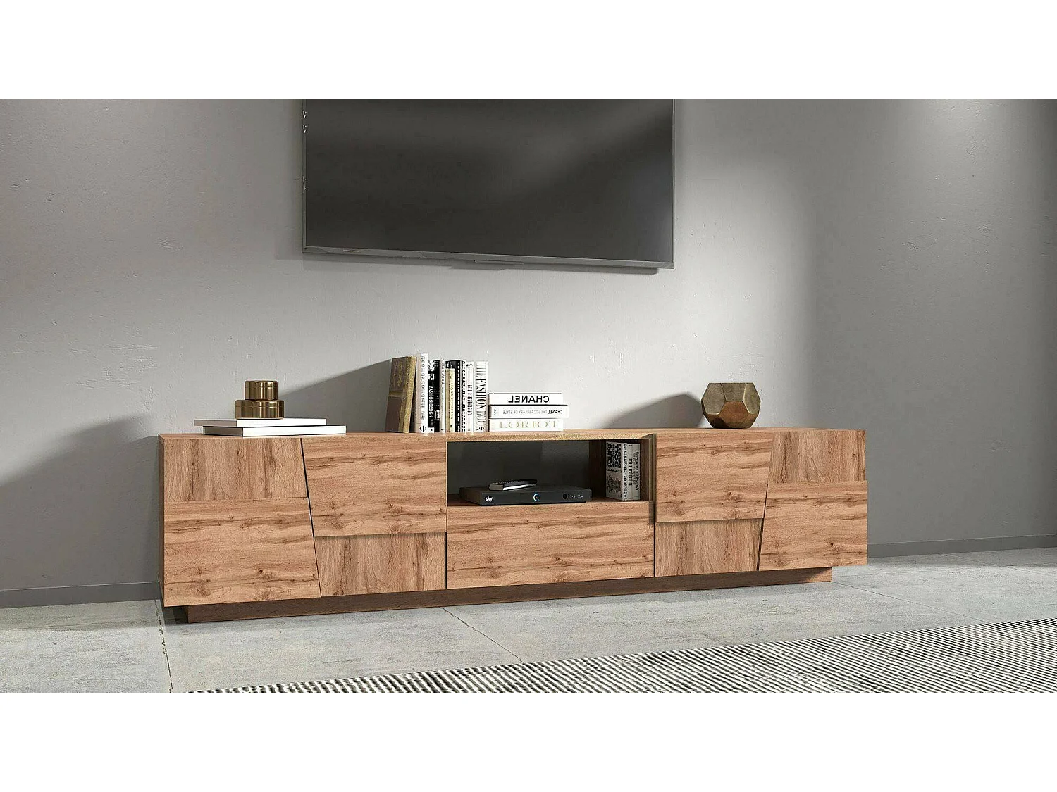Meuble TV Vanni, Buffet bas de salon avec 4 portes et 1 tiroir, base meuble TV, 220x44h46 cm, Chêne