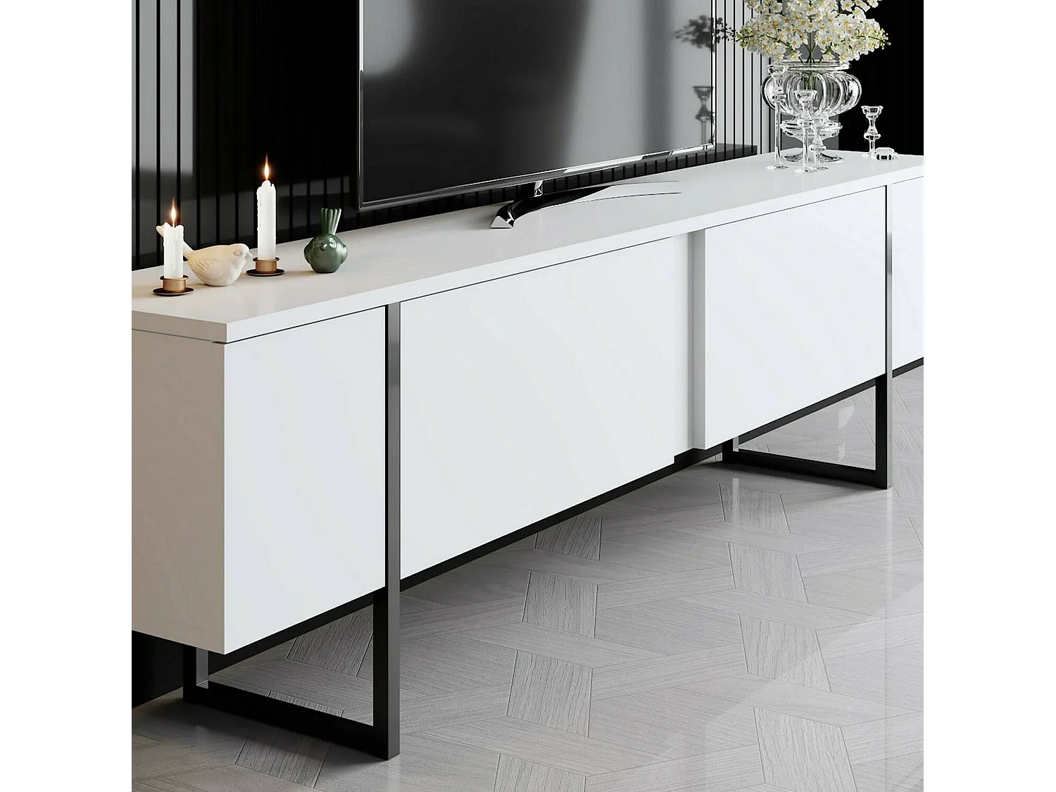 Mueble de televisión Dgridell, Aparador de salón, Mueble bajo para TV, Base de pared equipada, 180x30h50 cm, Blanco y Negro