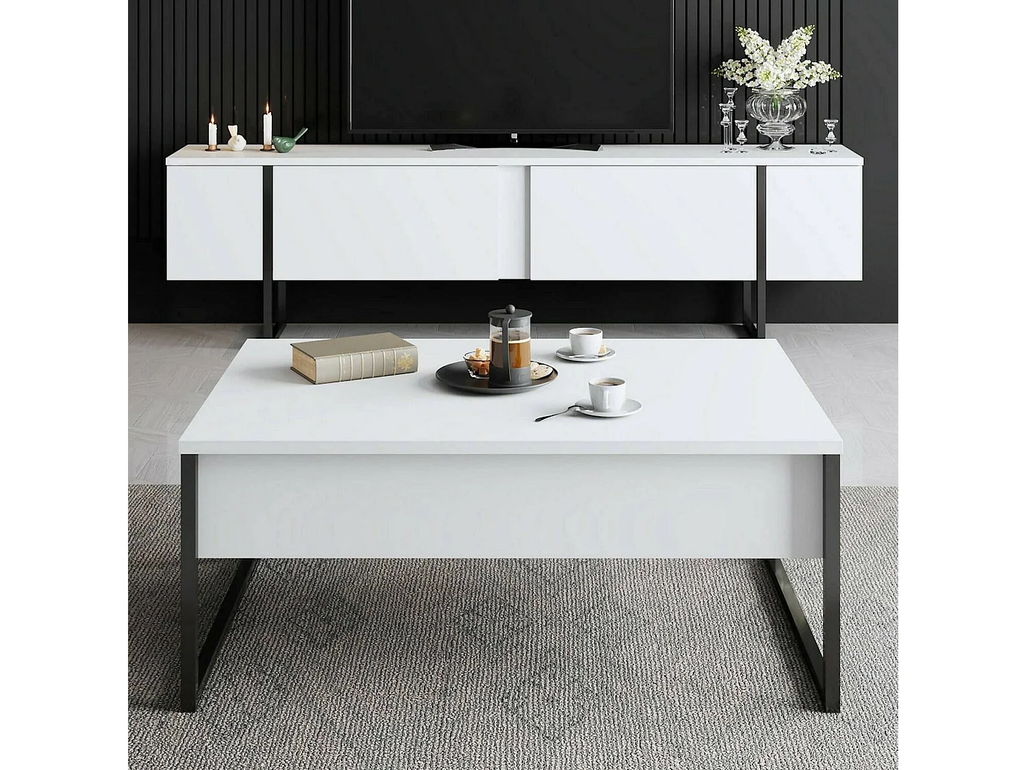 TV-Möbel Abishia, ein Regalboden, 180x30x50h cm Weiß, 2 Türen, 3 Fächer