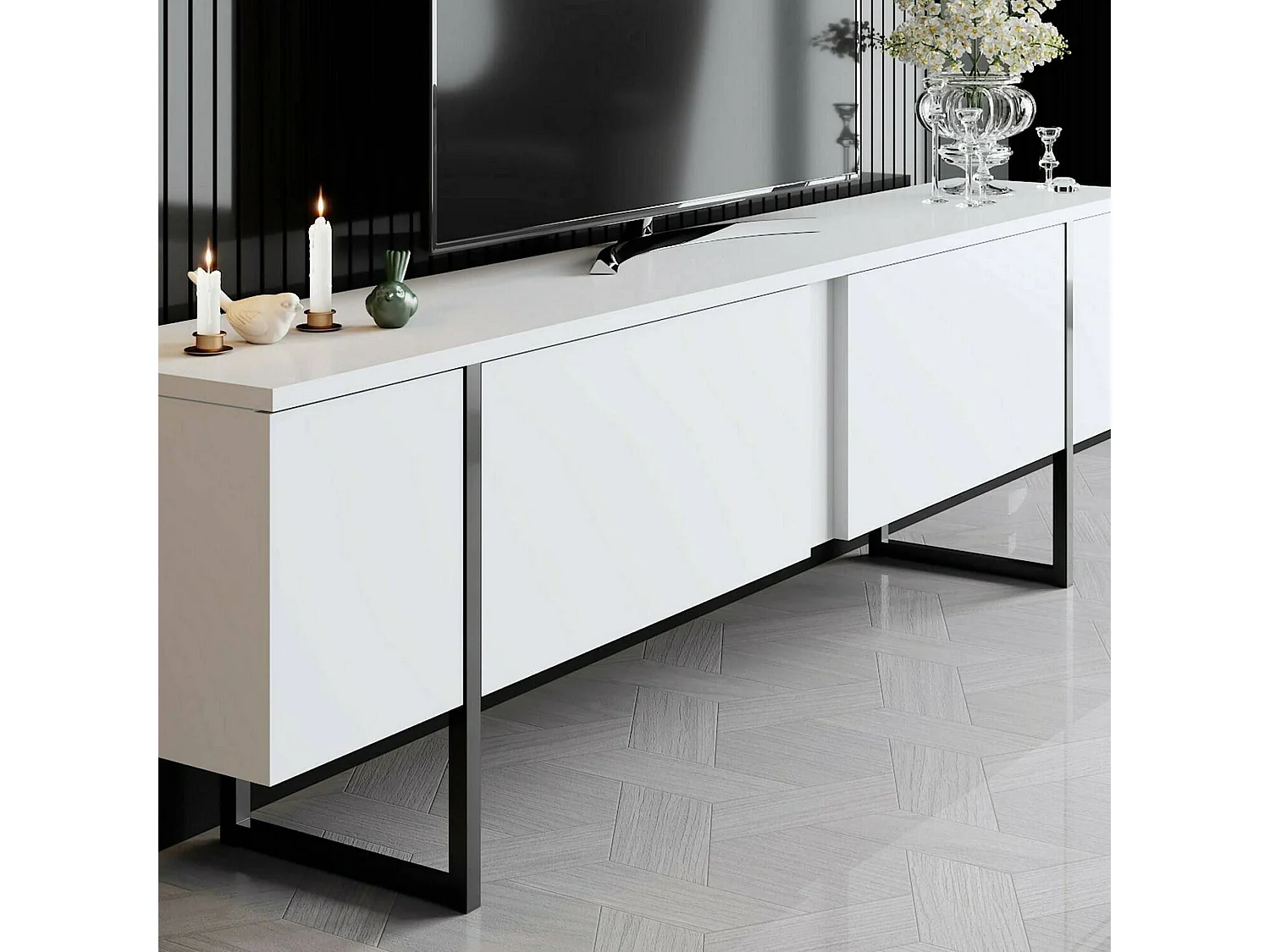 TV-Möbel Abishia, ein Regalboden, 180x30x50h cm Weiß, 2 Türen, 3 Fächer