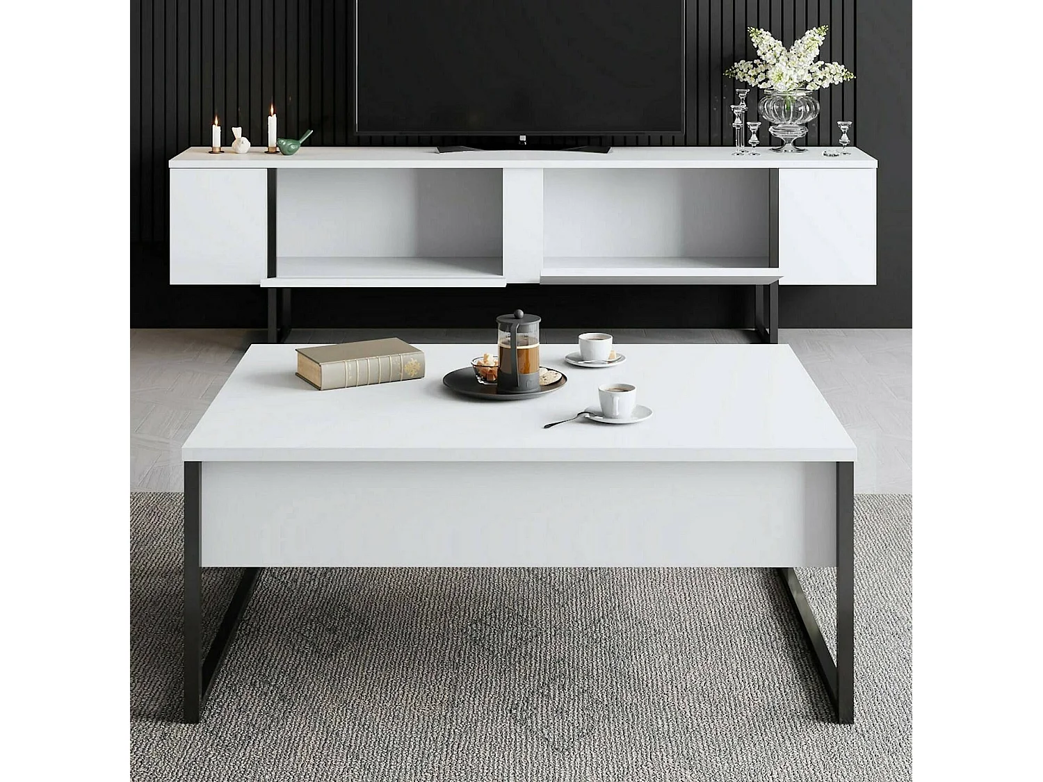 TV-Möbel Abishia, ein Regalboden, 180x30x50h cm Weiß, 2 Türen, 3 Fächer