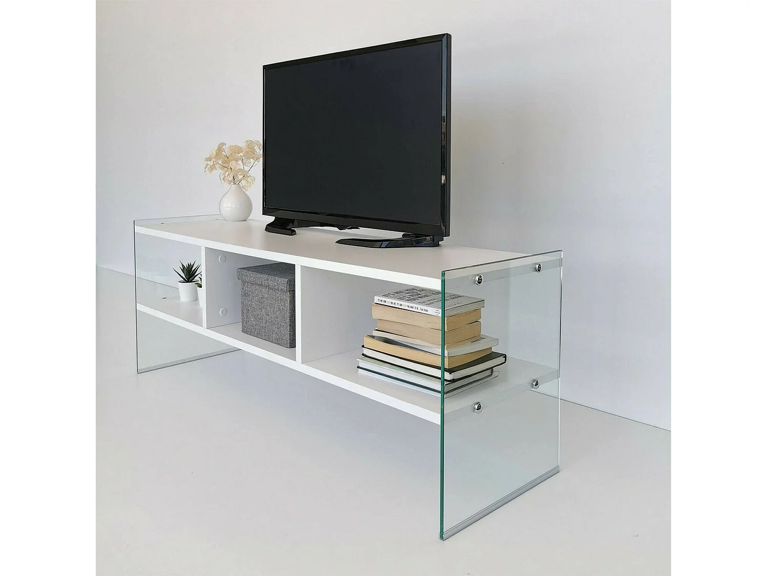 Dbennace tv-houder, woonkamer, laag tv-meubel, wandwand, 120x35h45 cm, Wit