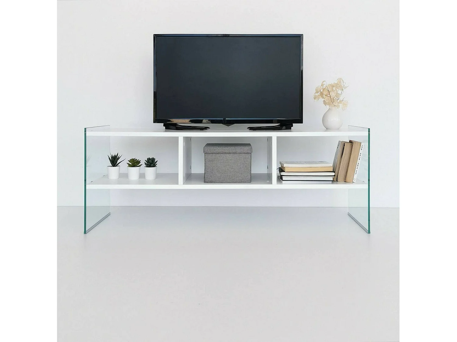 Dbennace tv-houder, woonkamer, laag tv-meubel, wandwand, 120x35h45 cm, Wit