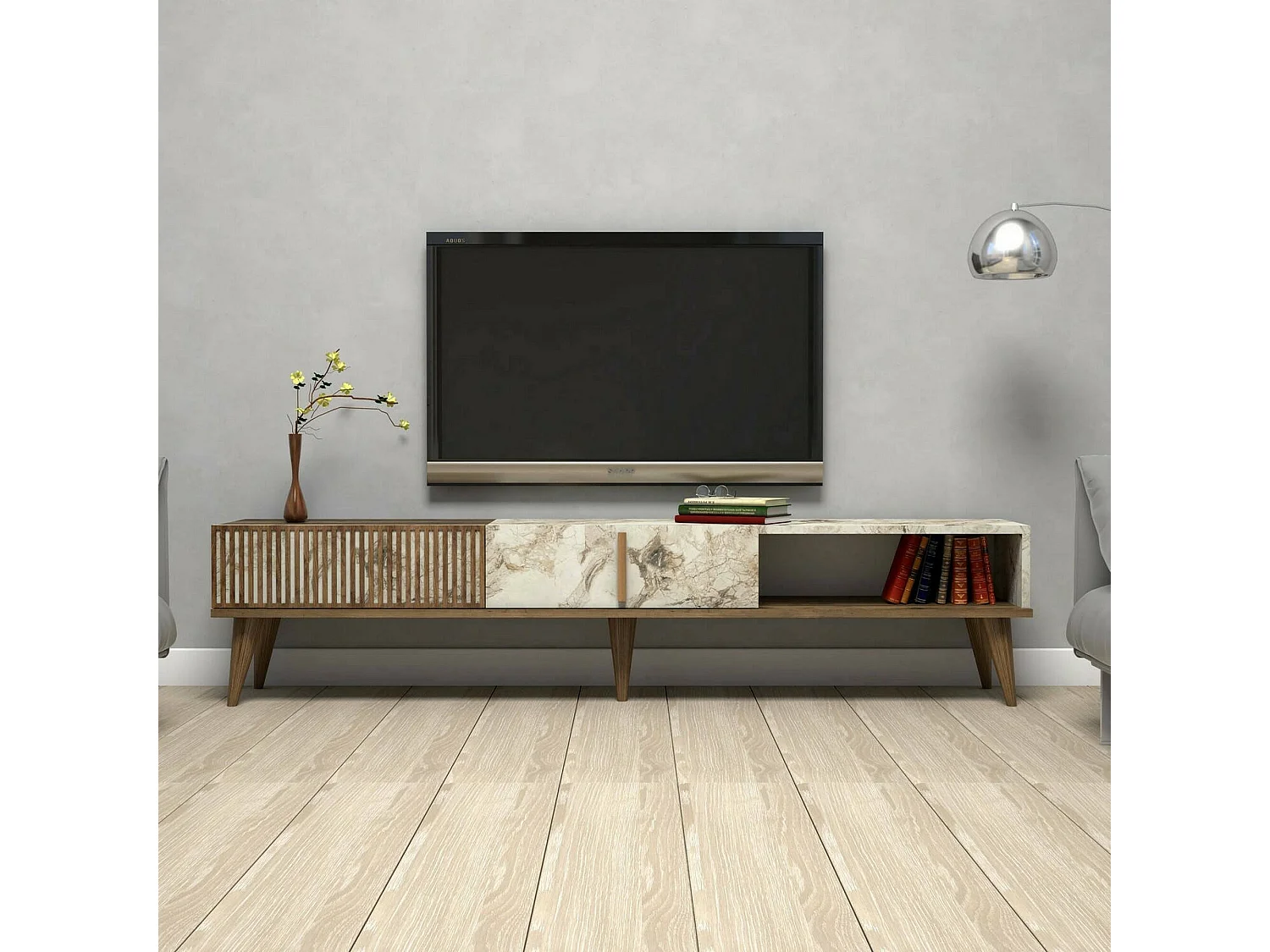 Fernsehschrank Dfirican, Ständer für Wohnzimmerfernseher, Niedriges Wohnzimmer-Sideboard, TV-Ständerbasis, 180x35h40 cm, Walnuss und WeiÃŸ