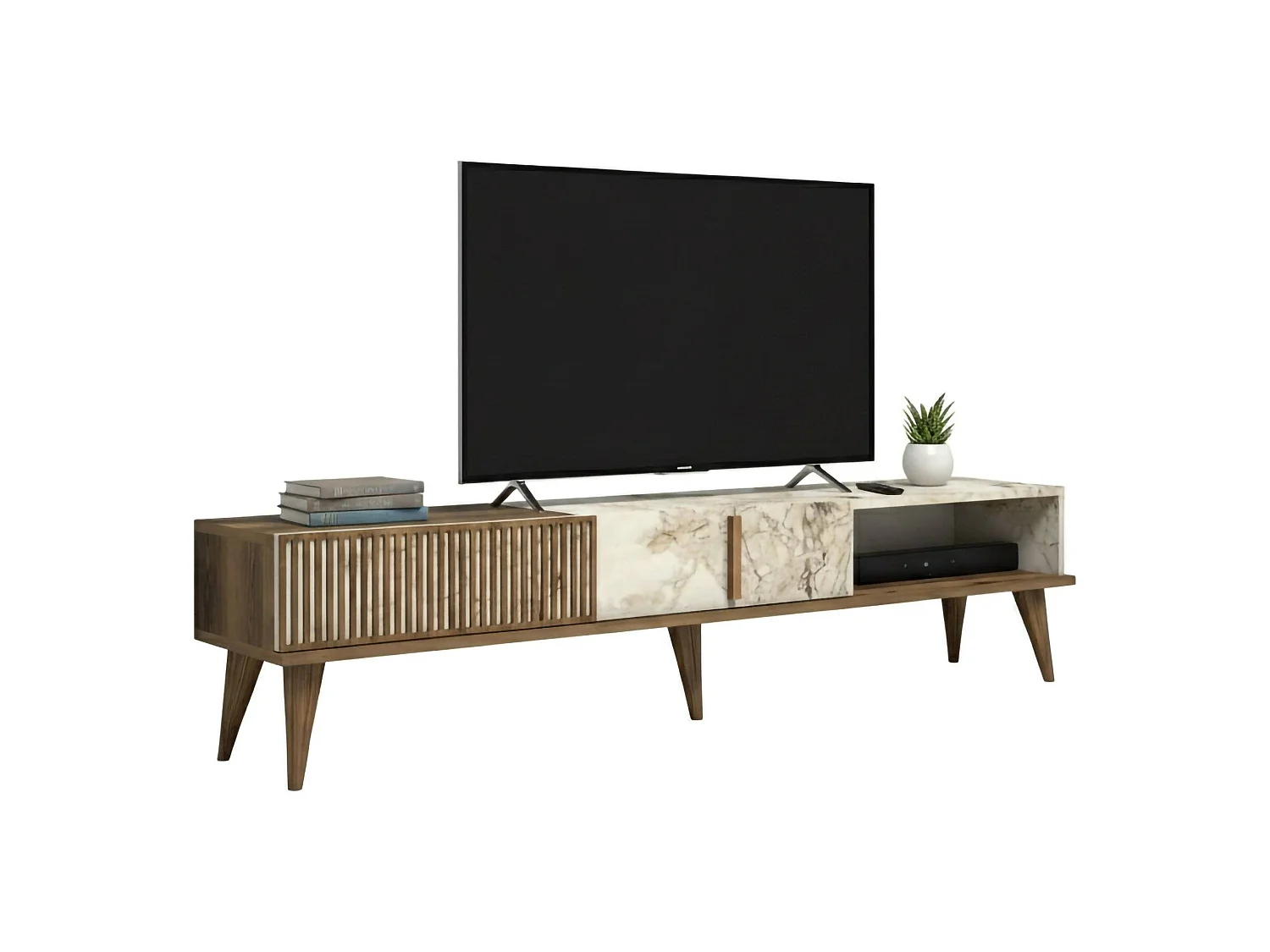 Meuble TV Aquila, Buffet de salon, Armoire basse pour TV, Base murale de rangement, 180x35h40 cm, Noyer et Blanc