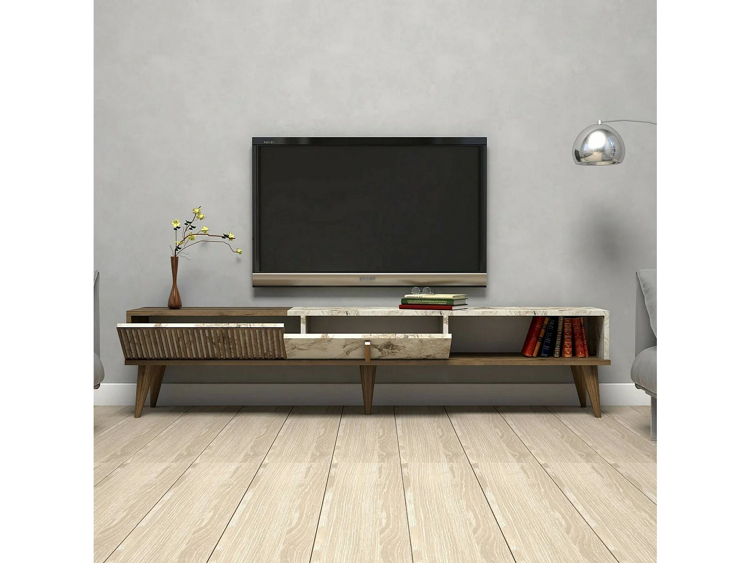 Meuble TV Aquila, Buffet de salon, Armoire basse pour TV, Base murale de rangement, 180x35h40 cm, Noyer et Blanc