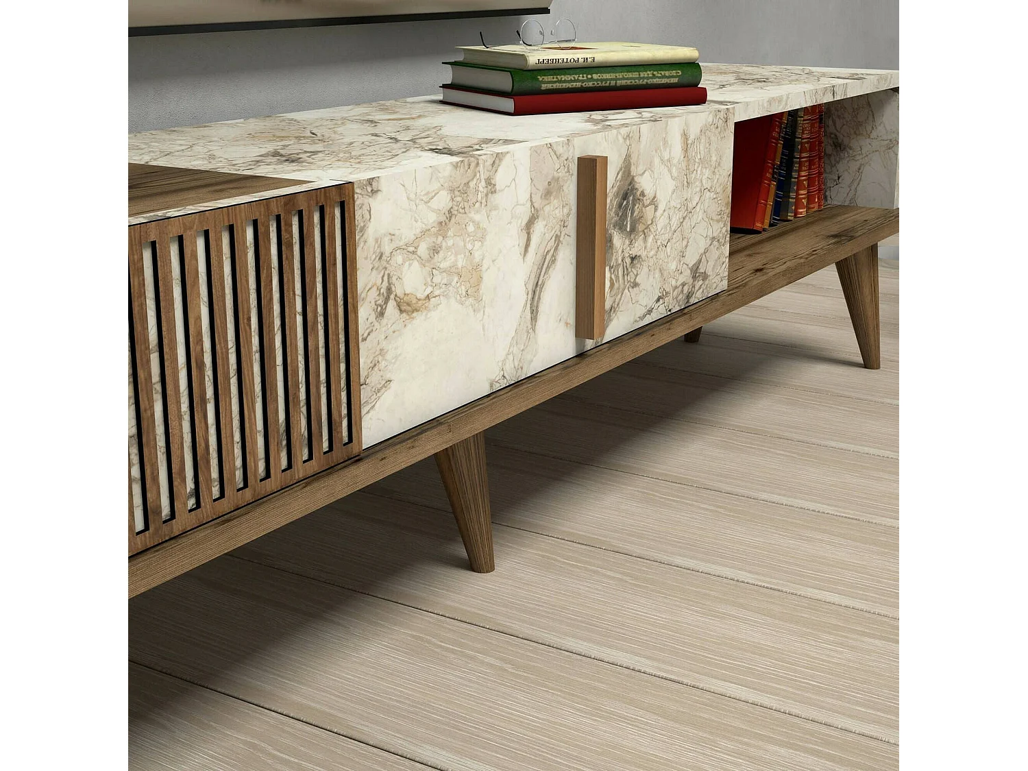Meuble TV Aquila, Buffet de salon, Armoire basse pour TV, Base murale de rangement, 180x35h40 cm, Noyer et Blanc