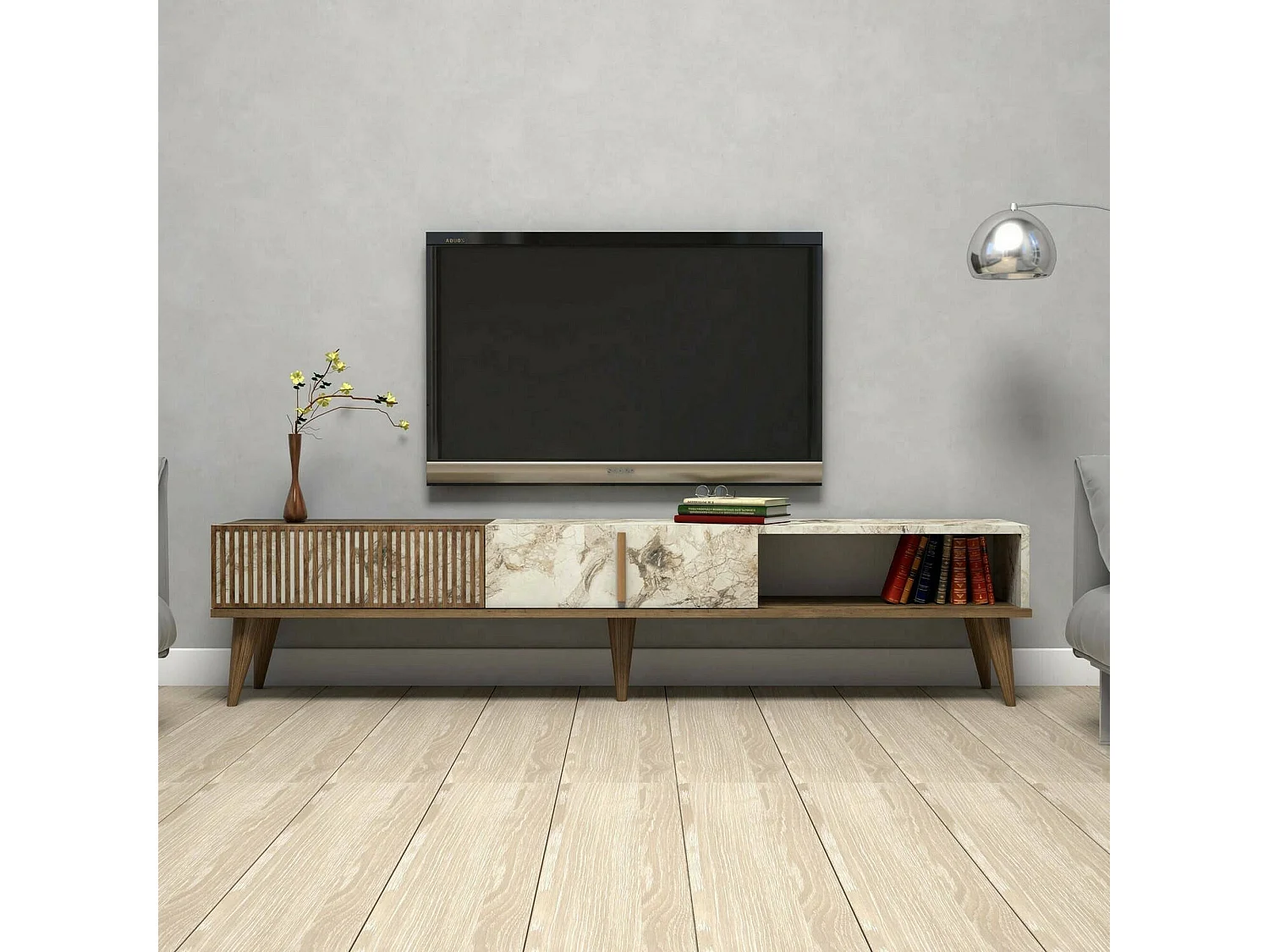 Meuble TV Aquila, Buffet de salon, Armoire basse pour TV, Base murale de rangement, 180x35h40 cm, Noyer et Blanc