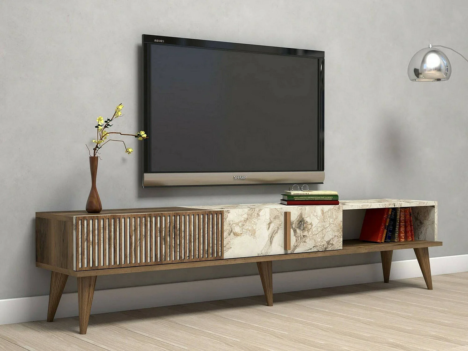Meuble TV Aquila, Buffet de salon, Armoire basse pour TV, Base murale de rangement, 180x35h40 cm, Noyer et Blanc