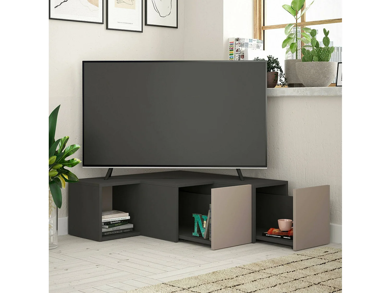 Meuble TV Alya, Buffet de salon, Armoire basse pour TV, Base murale de rangement, 90x92h32 cm, Anthracite et Beige
