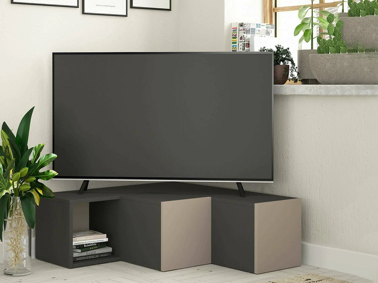 Meuble TV Alya, Buffet de salon, Armoire basse pour TV, Base murale de rangement, 90x92h32 cm, Anthracite et Beige