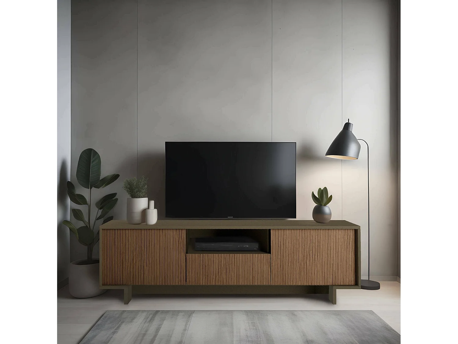 Mueble TV Darrighin, Mueble TV para salón, Aparador bajo de salón con 2 puertas y 1 cajón, 100% Made in Italy, 170x42h48 cm, Marrón y Nogal