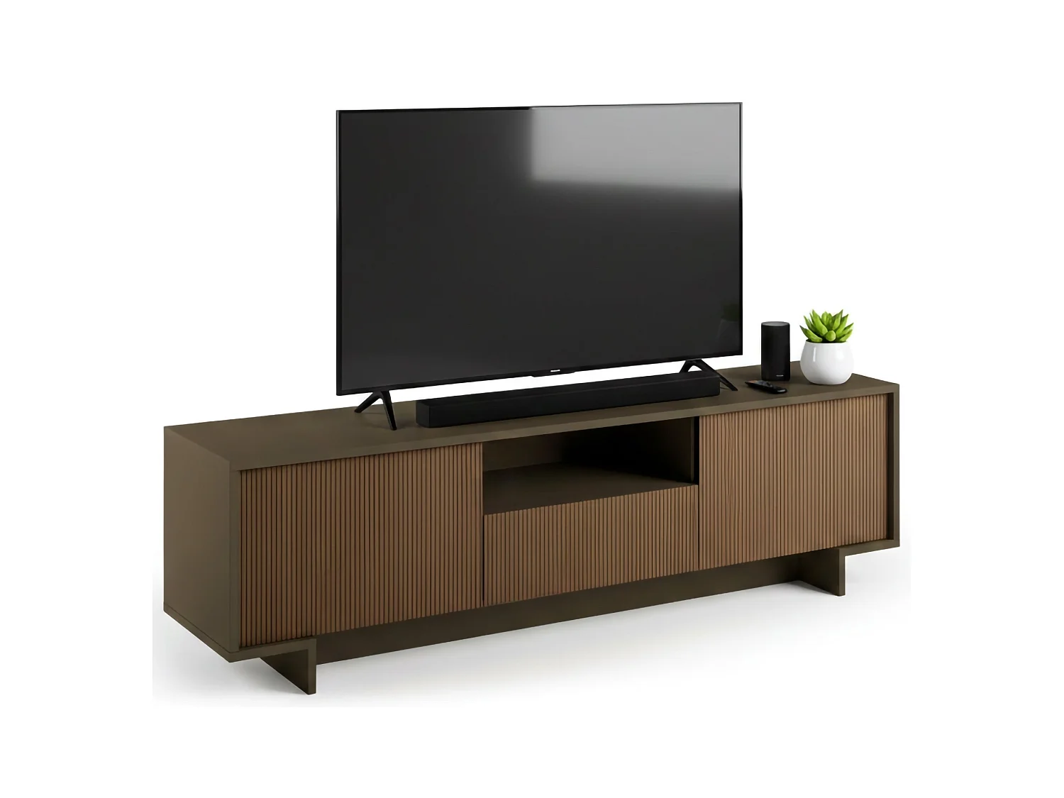 Mueble TV Darrighin, Mueble TV para salón, Aparador bajo de salón con 2 puertas y 1 cajón, 100% Made in Italy, 170x42h48 cm, Marrón y Nogal