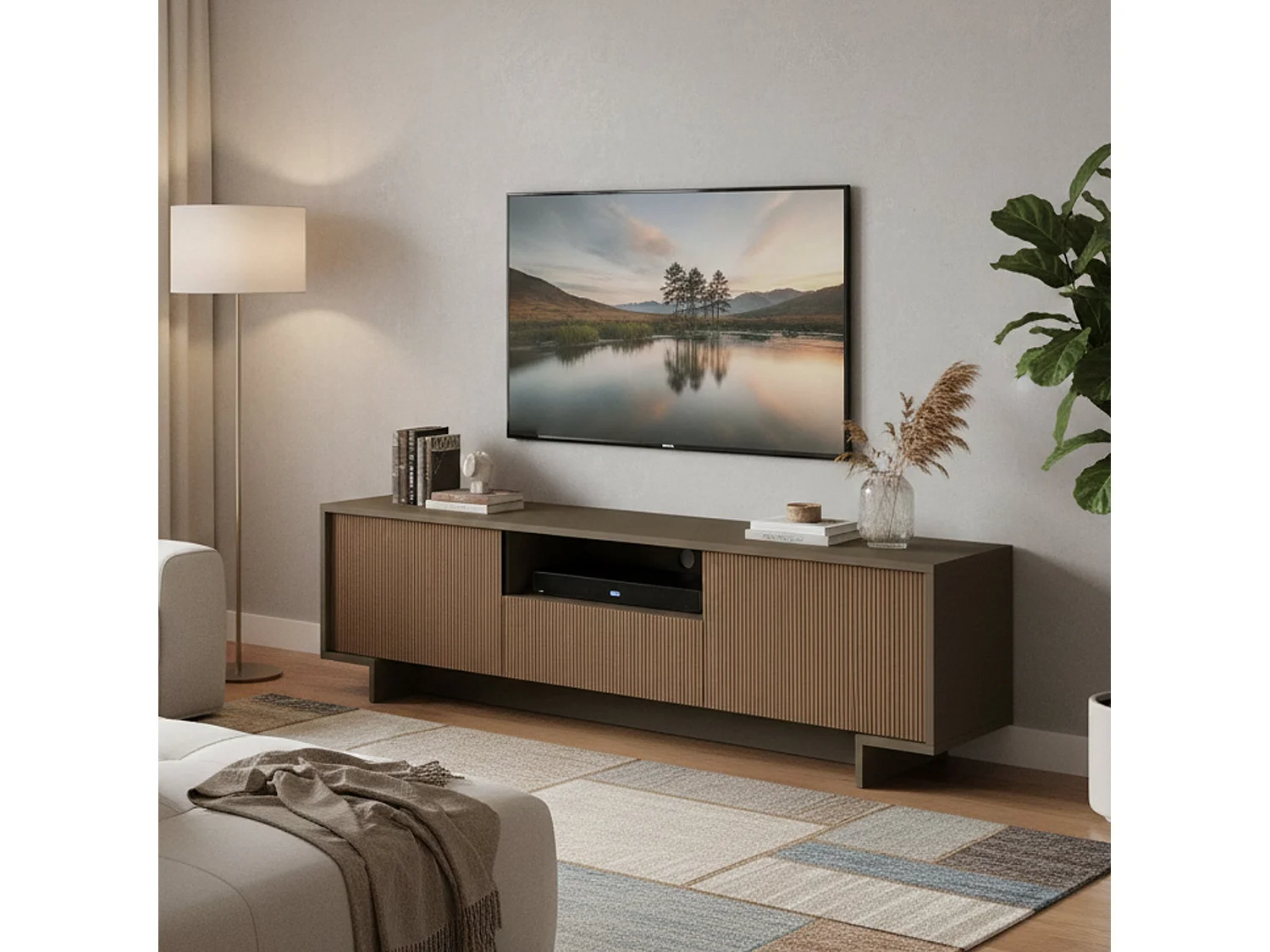 Mueble TV Darrighin, Mueble TV para salón, Aparador bajo de salón con 2 puertas y 1 cajón, 100% Made in Italy, 170x42h48 cm, Marrón y Nogal