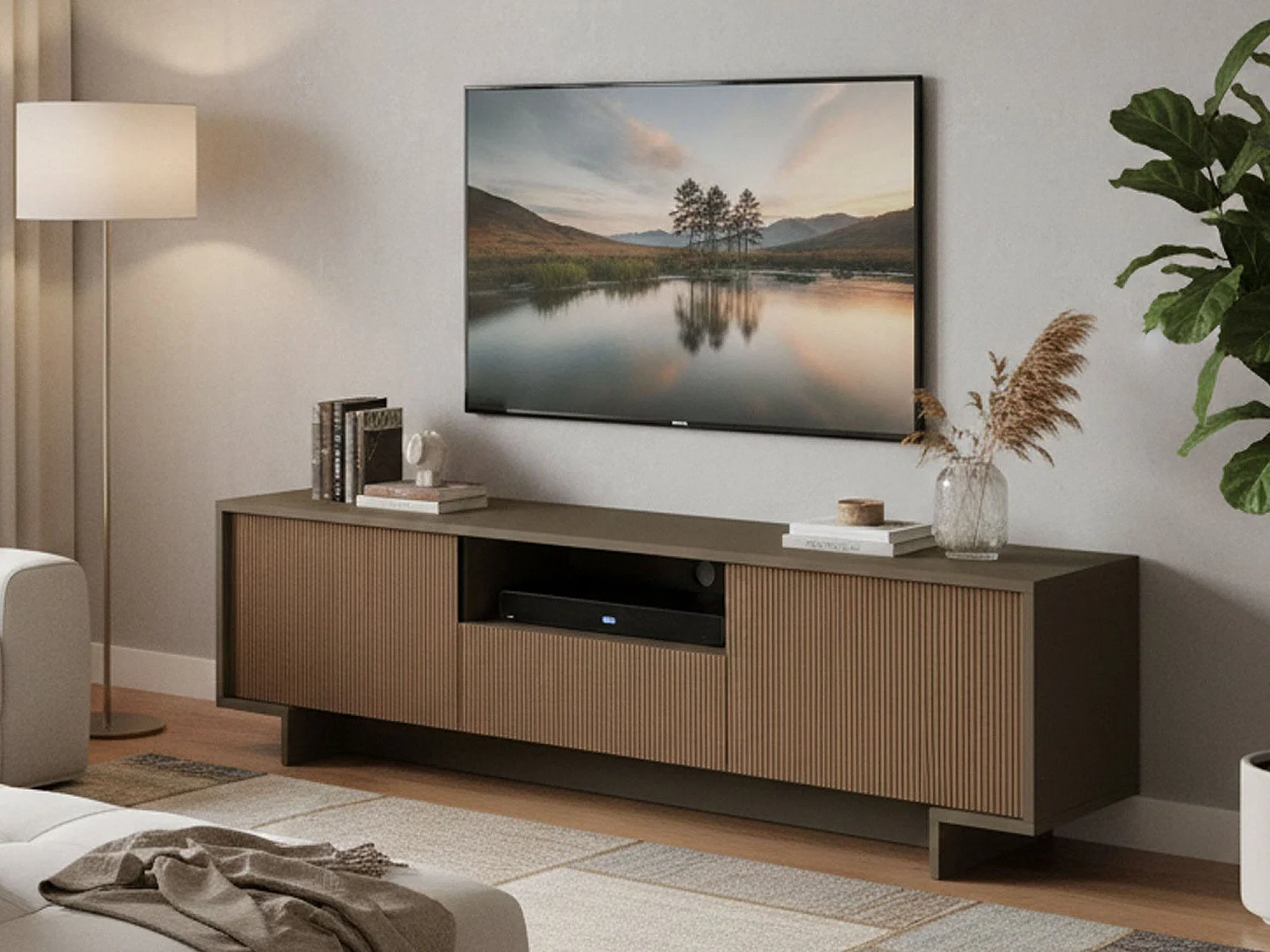 Darrighin tv-standaard, tv-standaard in de woonkamer, CreLage woonkamer met 2 deuren en 1 lade, 100% Made in Italy, 170x42h48 cm, Bruin en Walnoot