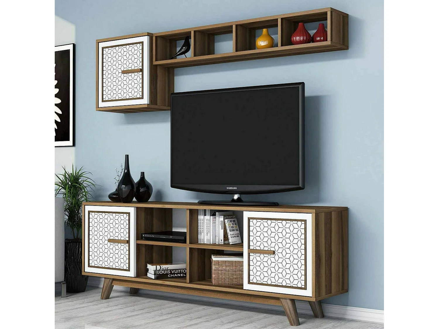 Meuble TV Diph, Buffet de salon, Armoire basse pour TV, Base murale de rangement, 160x35h56 cm, Noyer et Blanc