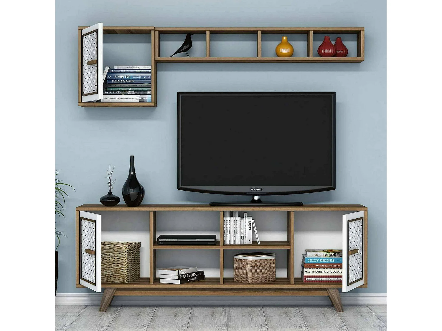 Meuble TV Diph, Buffet de salon, Armoire basse pour TV, Base murale de rangement, 160x35h56 cm, Noyer et Blanc