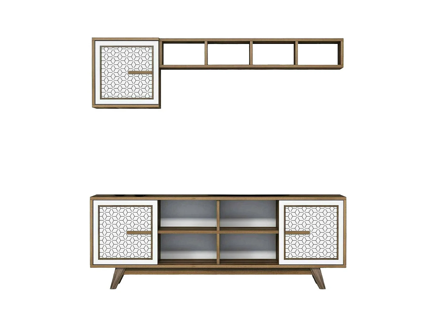 Meuble TV Diph, Buffet de salon, Armoire basse pour TV, Base murale de rangement, 160x35h56 cm, Noyer et Blanc
