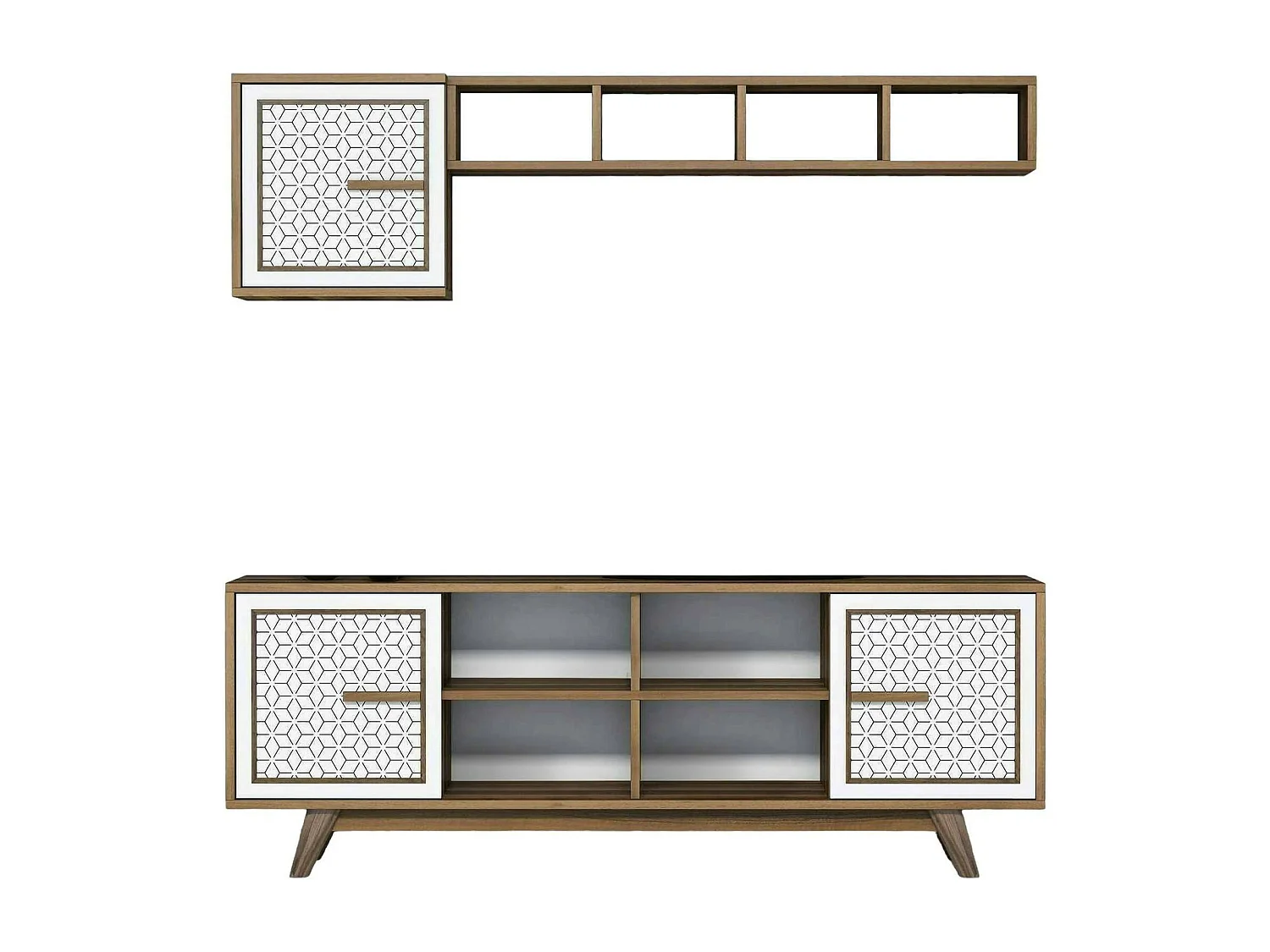 Djajal tv-meubel, woonkamer dressoir, laag tv-meubel, gemonteerd wandonderstel, 160x35h56 cm, walnoot en wit