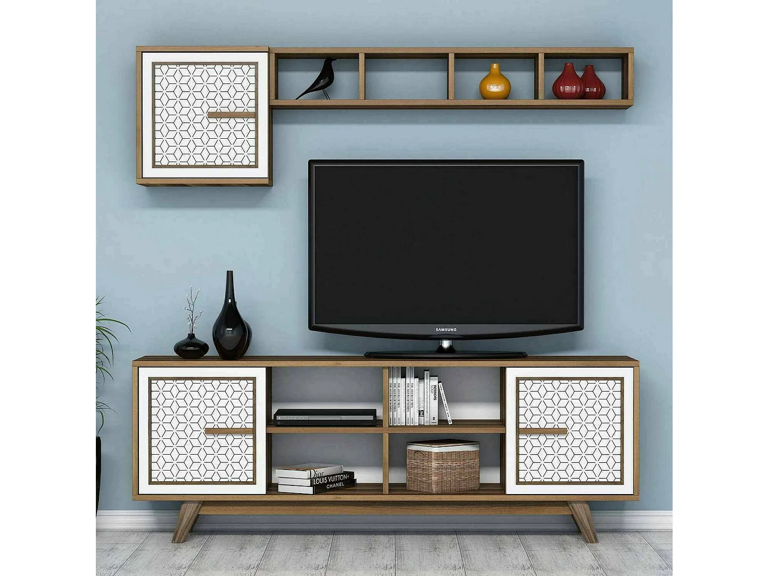Djajal tv-meubel, woonkamer dressoir, laag tv-meubel, gemonteerd wandonderstel, 160x35h56 cm, walnoot en wit