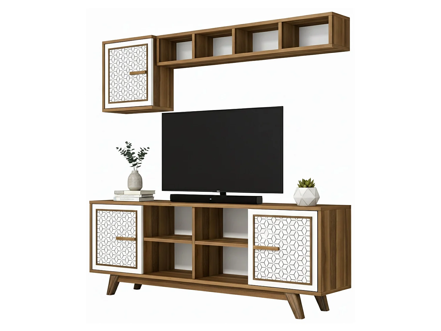 Meuble TV Diph, Buffet de salon, Armoire basse pour TV, Base murale de rangement, 160x35h56 cm, Noyer et Blanc