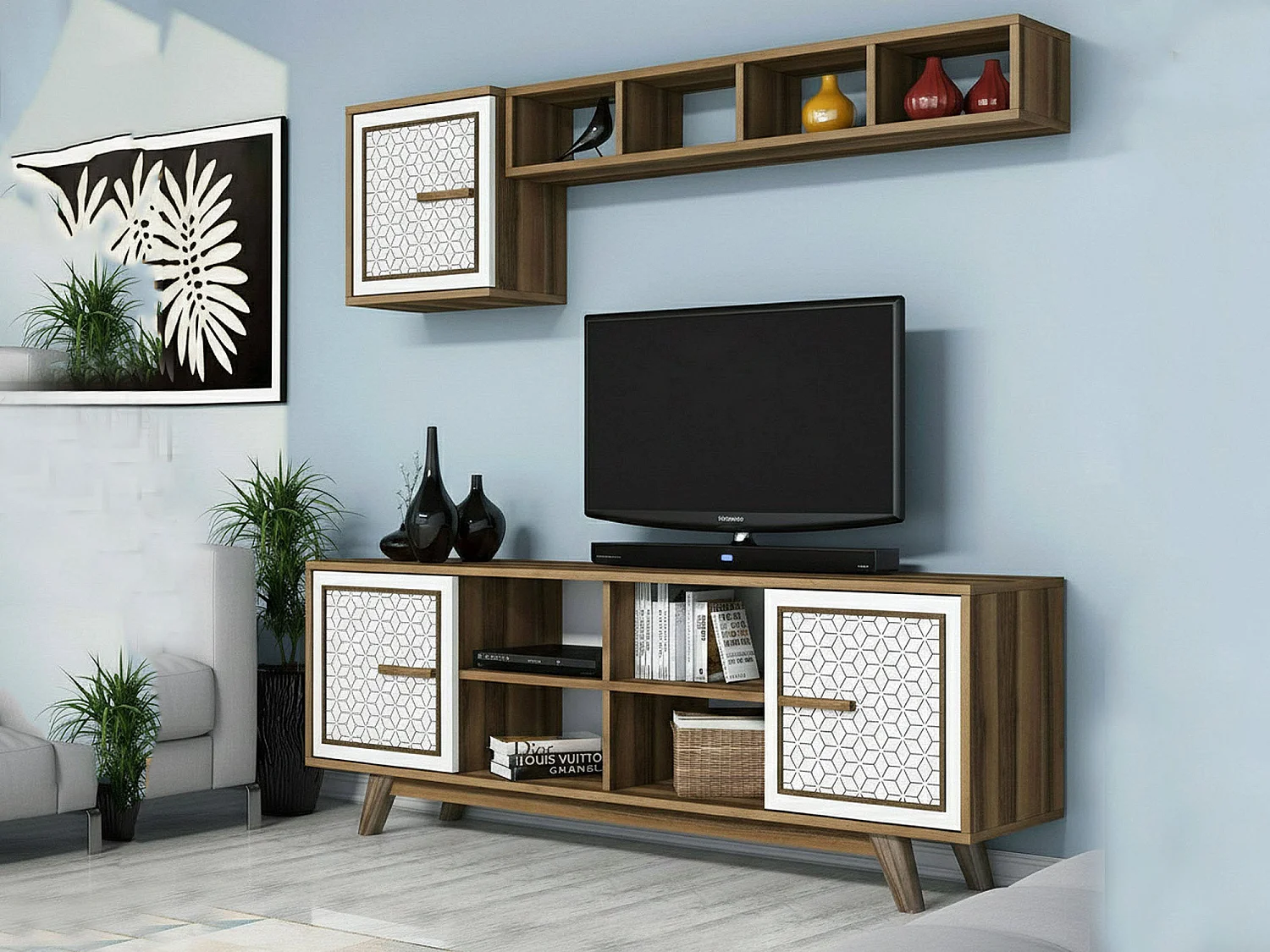 Meuble TV Diph, Buffet de salon, Armoire basse pour TV, Base murale de rangement, 160x35h56 cm, Noyer et Blanc
