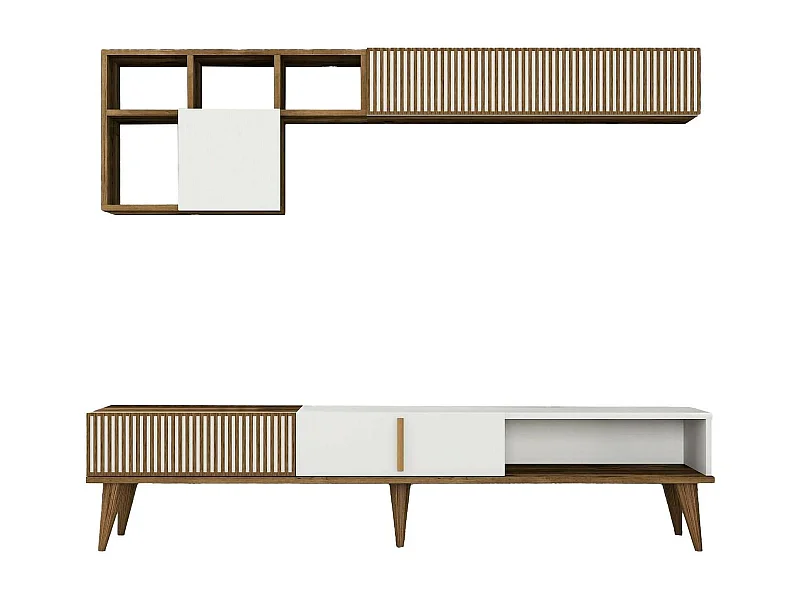 Meuble Mural Gemini, Composition du salon, Meubles de salon polyvalents, Meuble télé, 180x35h40 cm, Noyer et Blanc