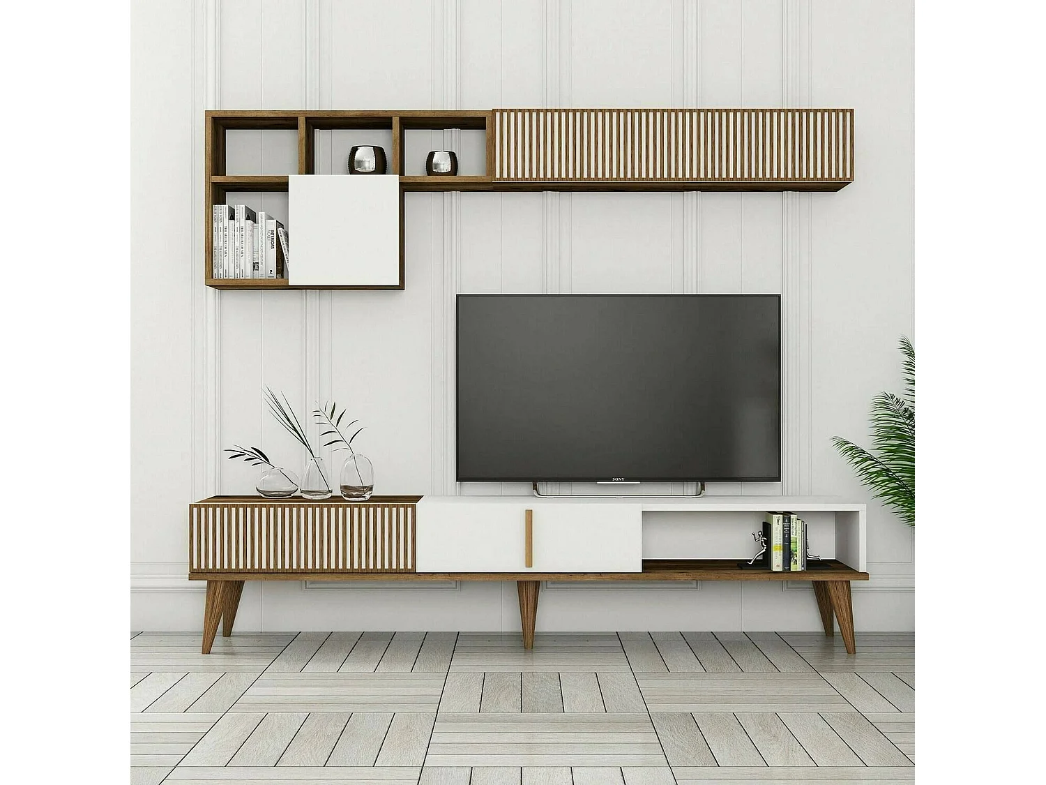 Pared Equipada Dmalavas, Composición de la sala de estar, Muebles de salón multiusos, Gabinete de TV, 180x35h40 cm, Nogal y Blanco