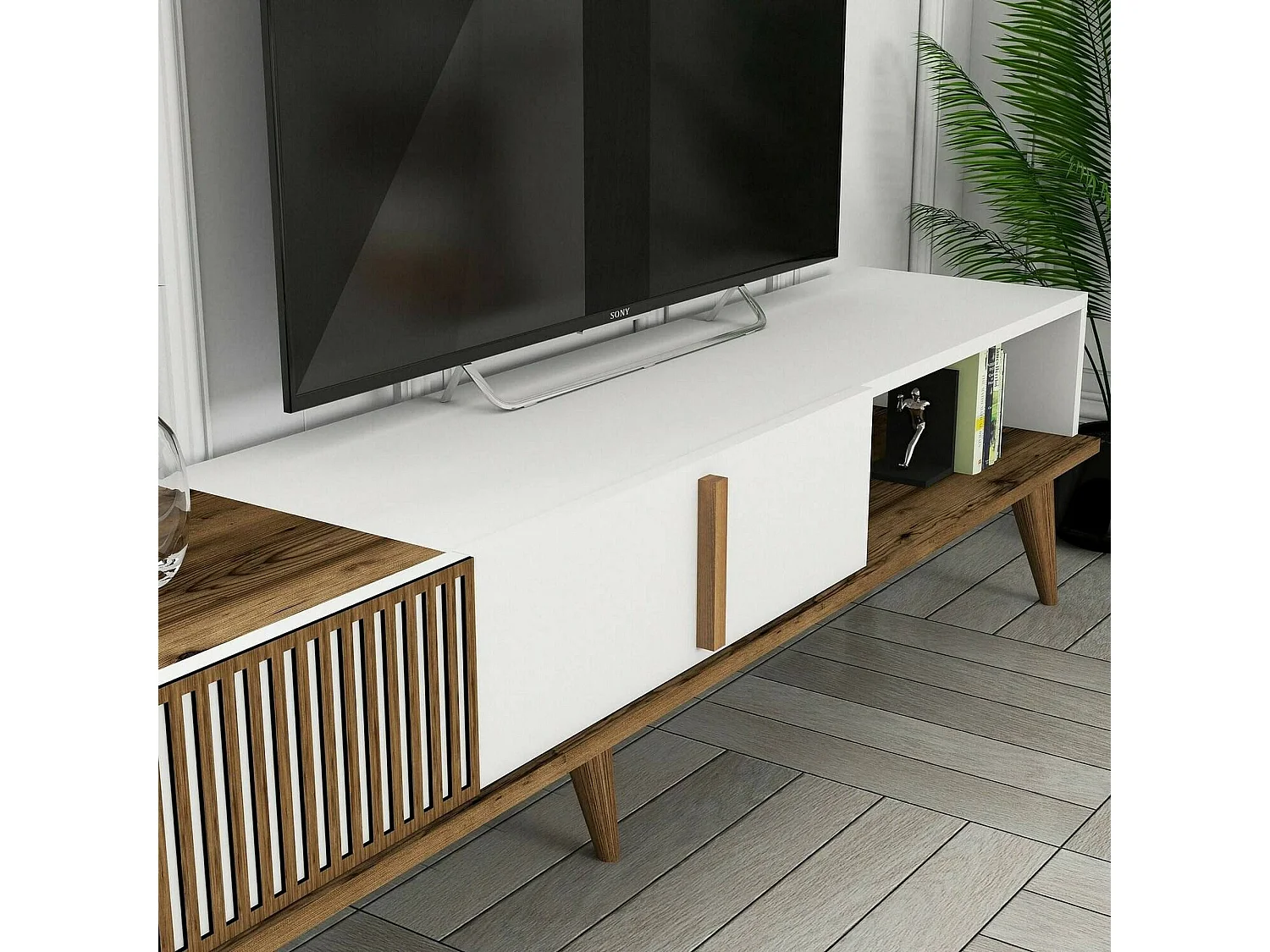 Pared Equipada Dmalavas, Composición de la sala de estar, Muebles de salón multiusos, Gabinete de TV, 180x35h40 cm, Nogal y Blanco