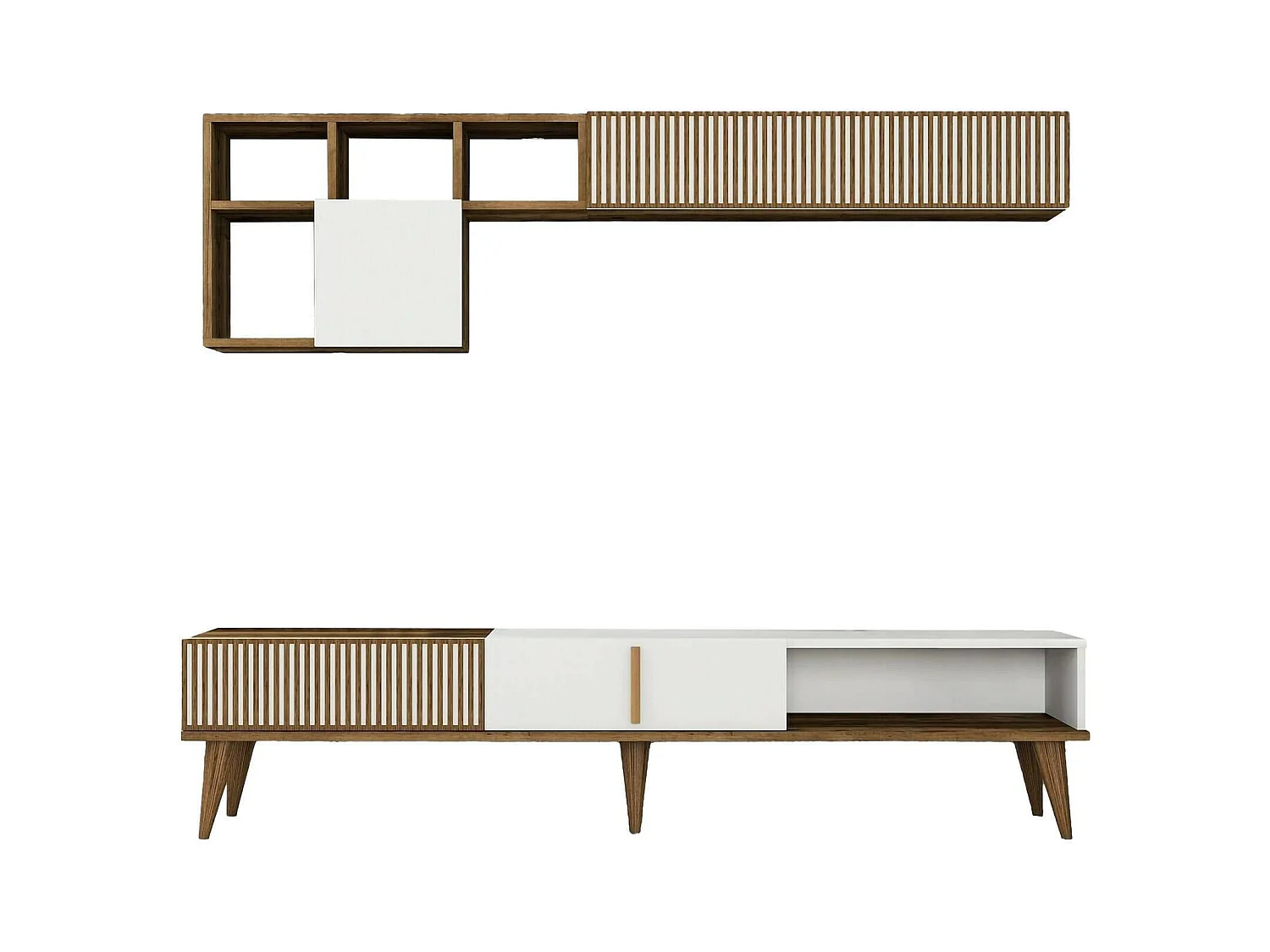 Meuble Mural Gemini, Composition du salon, Meubles de salon polyvalents, Meuble télé, 180x35h40 cm, Noyer et Blanc