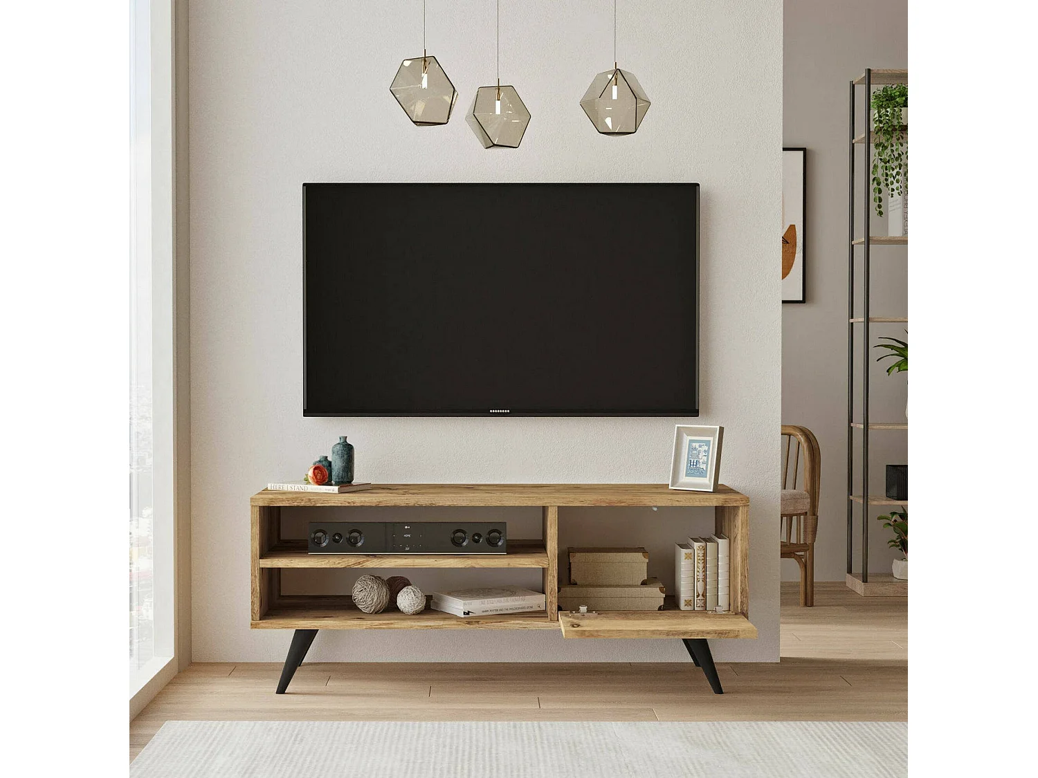 Meuble TV Nunk, Buffet de salon, Armoire basse pour TV, Base murale de rangement, 110x40h44 cm, Chêne