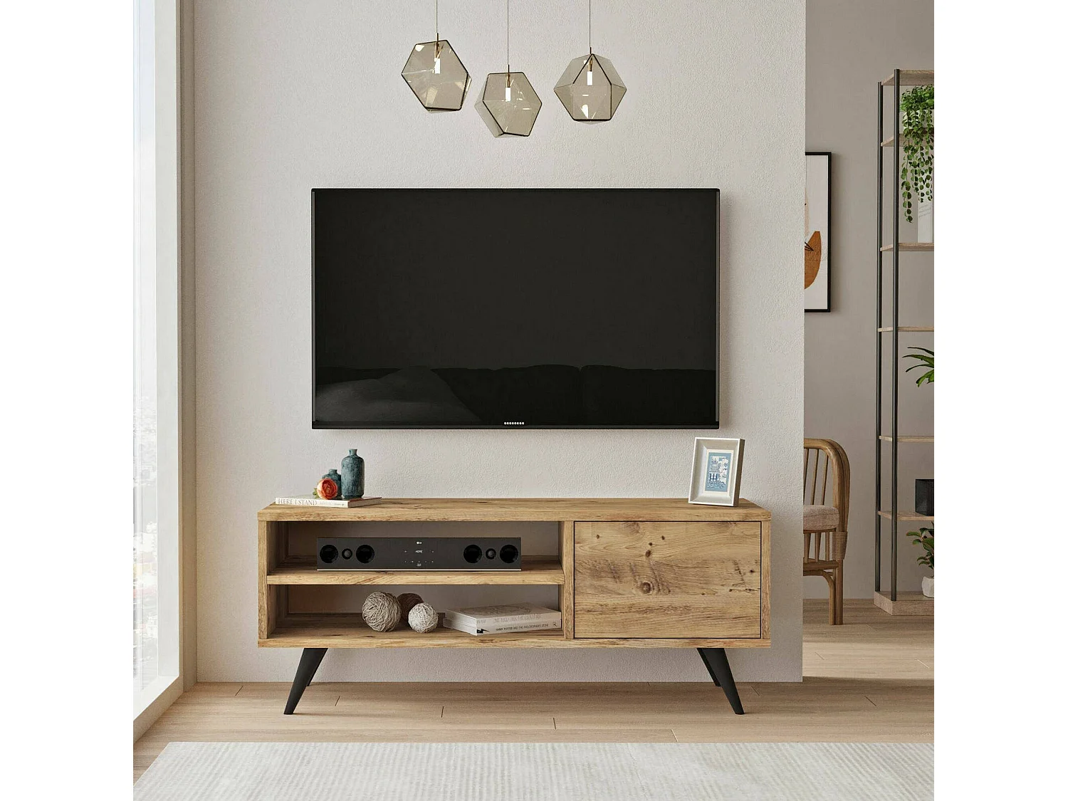 Meuble TV Nunk, Buffet de salon, Armoire basse pour TV, Base murale de rangement, 110x40h44 cm, Chêne