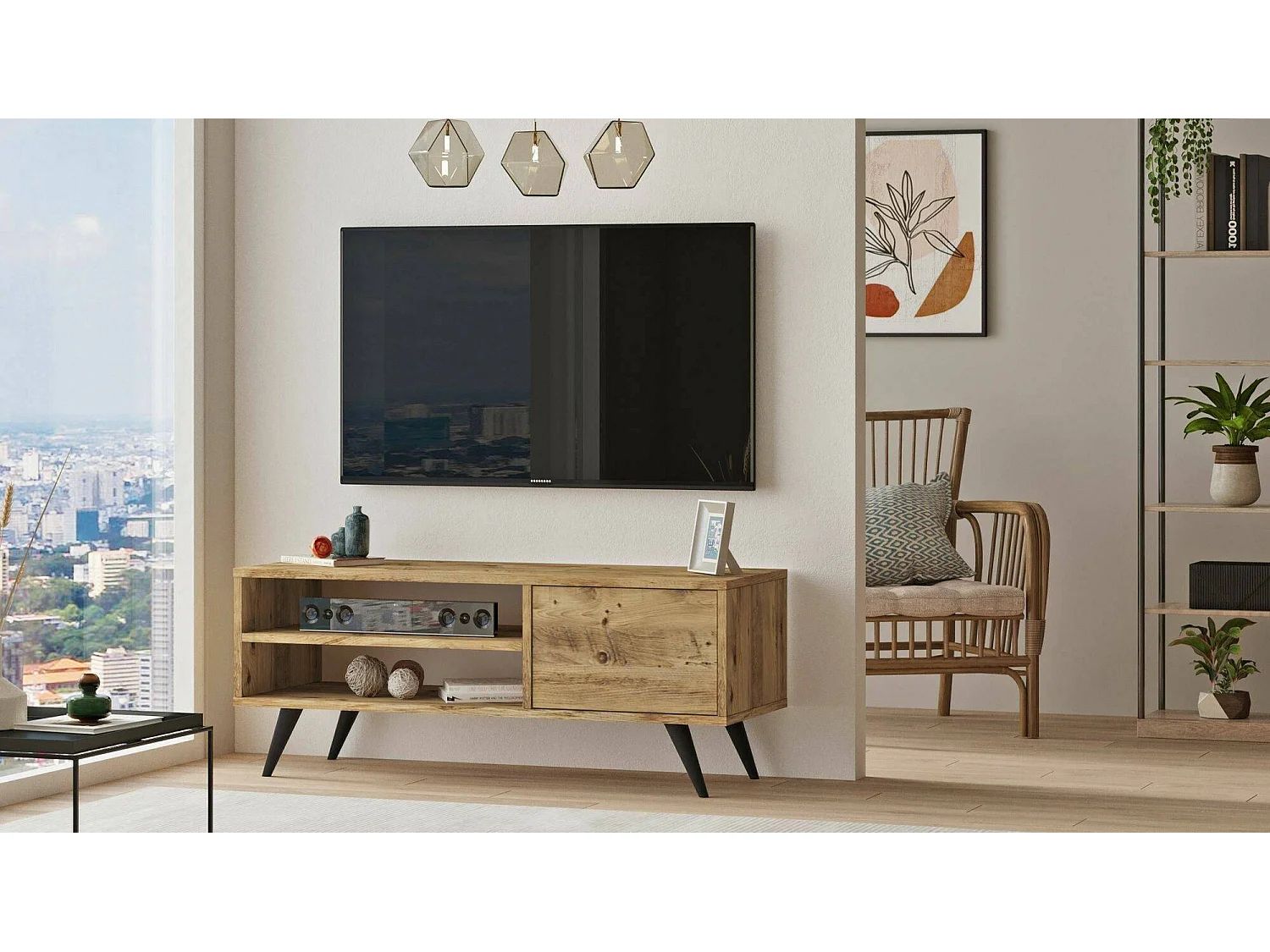 Meuble TV Nunk, Buffet de salon, Armoire basse pour TV, Base murale de rangement, 110x40h44 cm, Chêne