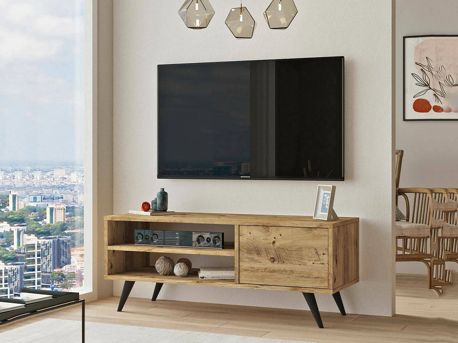 Meuble TV Nunk, Buffet de salon, Armoire basse pour TV, Base murale de rangement, 110x40h44 cm, Chêne