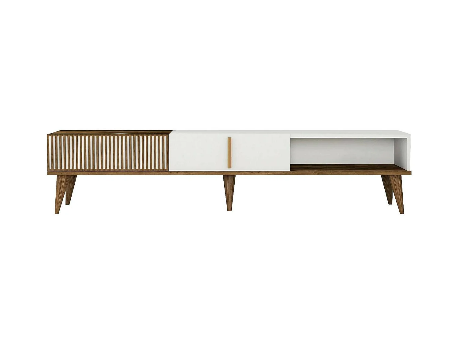 Meuble TV Aquila, Buffet de salon, Armoire basse pour TV, Base murale de rangement, 180x35h40 cm, Noyer et Blanc