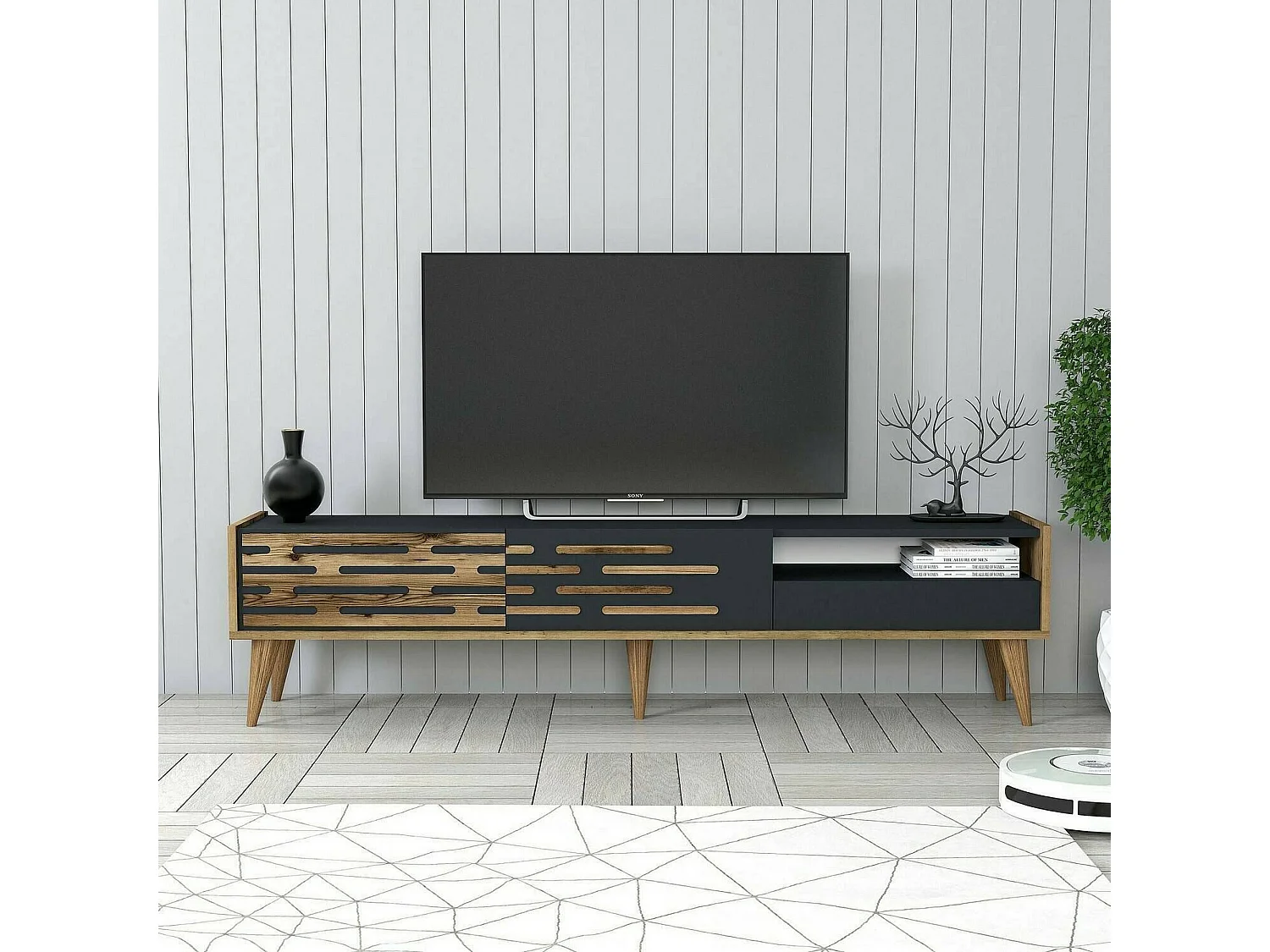 Dmora - Mobile porta TV Upana, 180x45h35 cm, Antracite e Noce