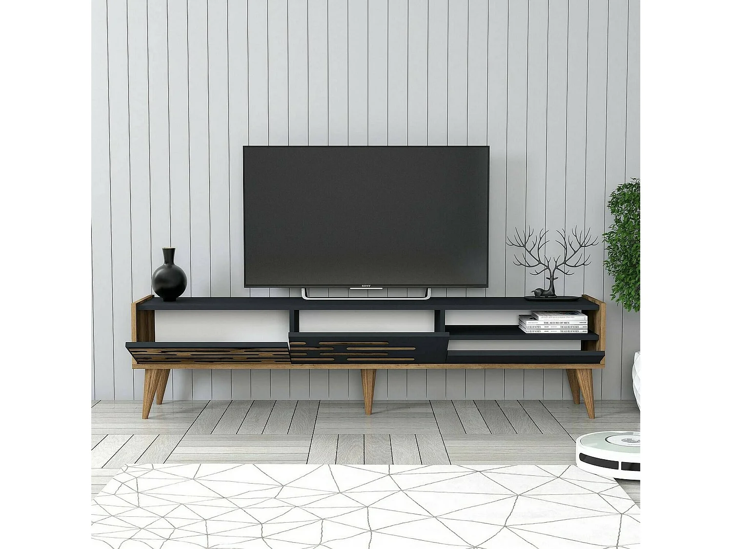 Dmora - Mobile porta TV Upana, 180x45h35 cm, Antracite e Noce